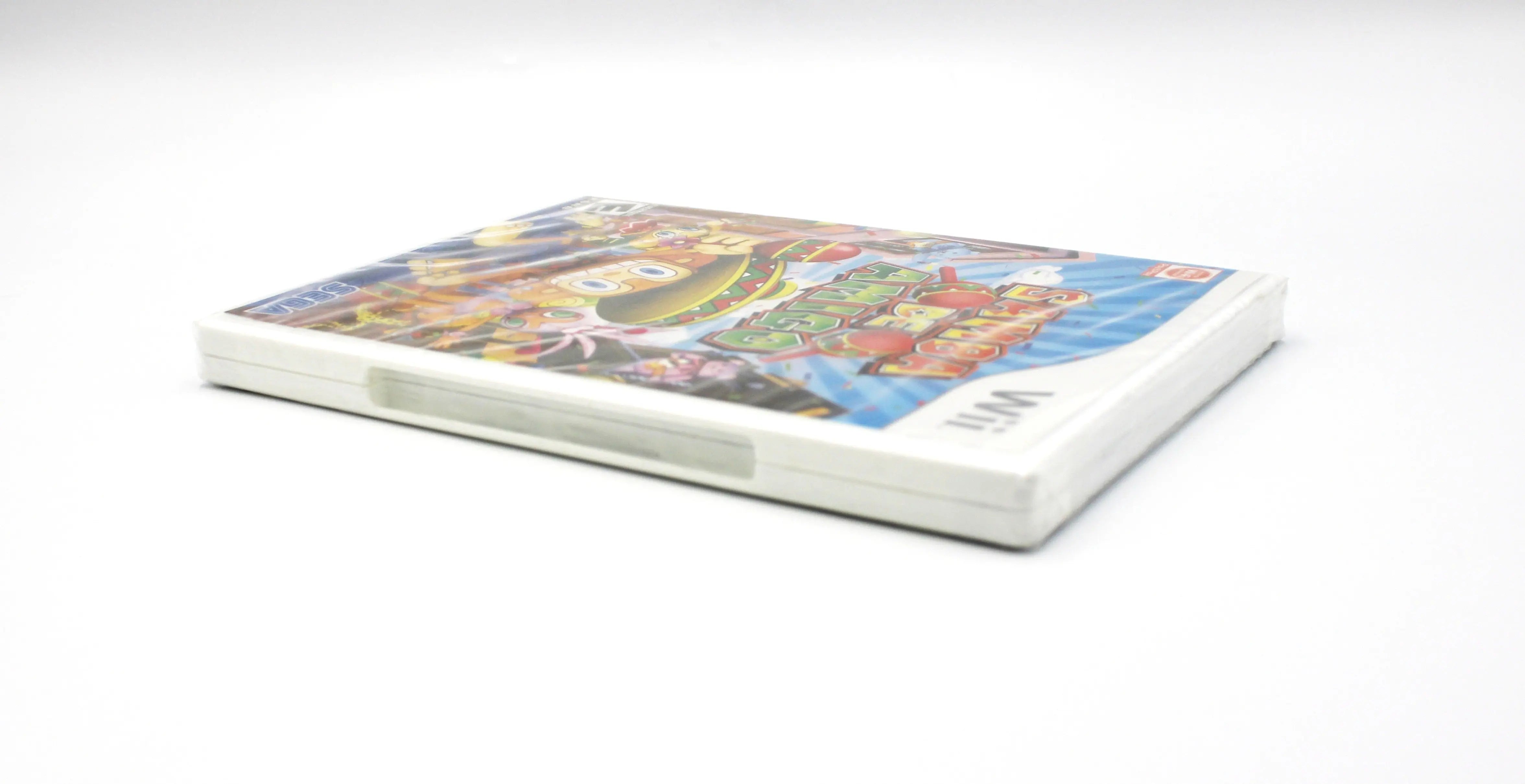 Left side angled view of Samba de Amigo for Nintendo Wii – NTSC-U (2008), brand new and sealed in original factory packaging, highlighting intact wrap and factory seam along opening edge.