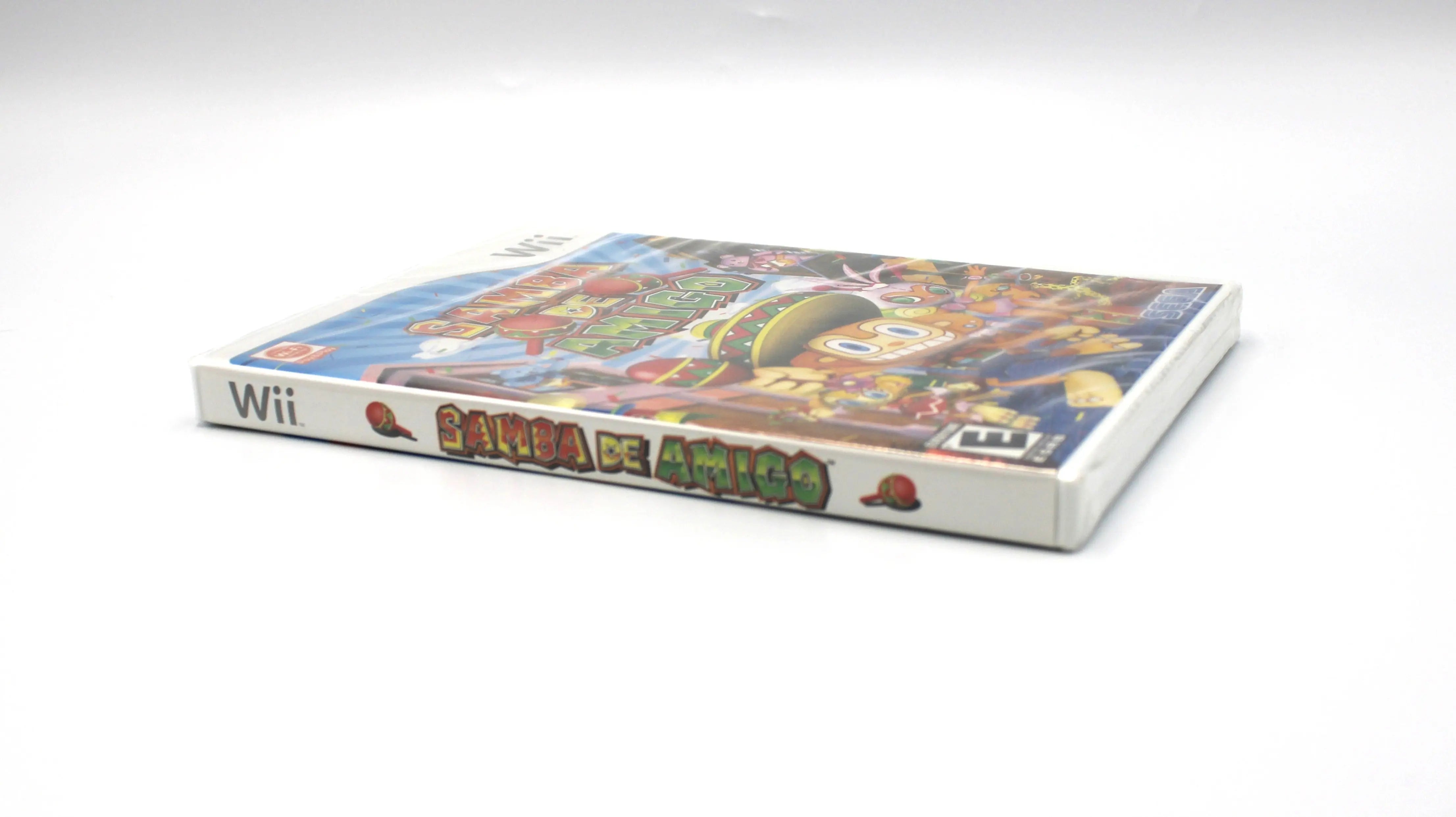 Right side angled view of Samba de Amigo for Nintendo Wii – NTSC-U (2008), brand new and sealed in original factory packaging, showing Wii logo, game title, and maraca icon on spine.