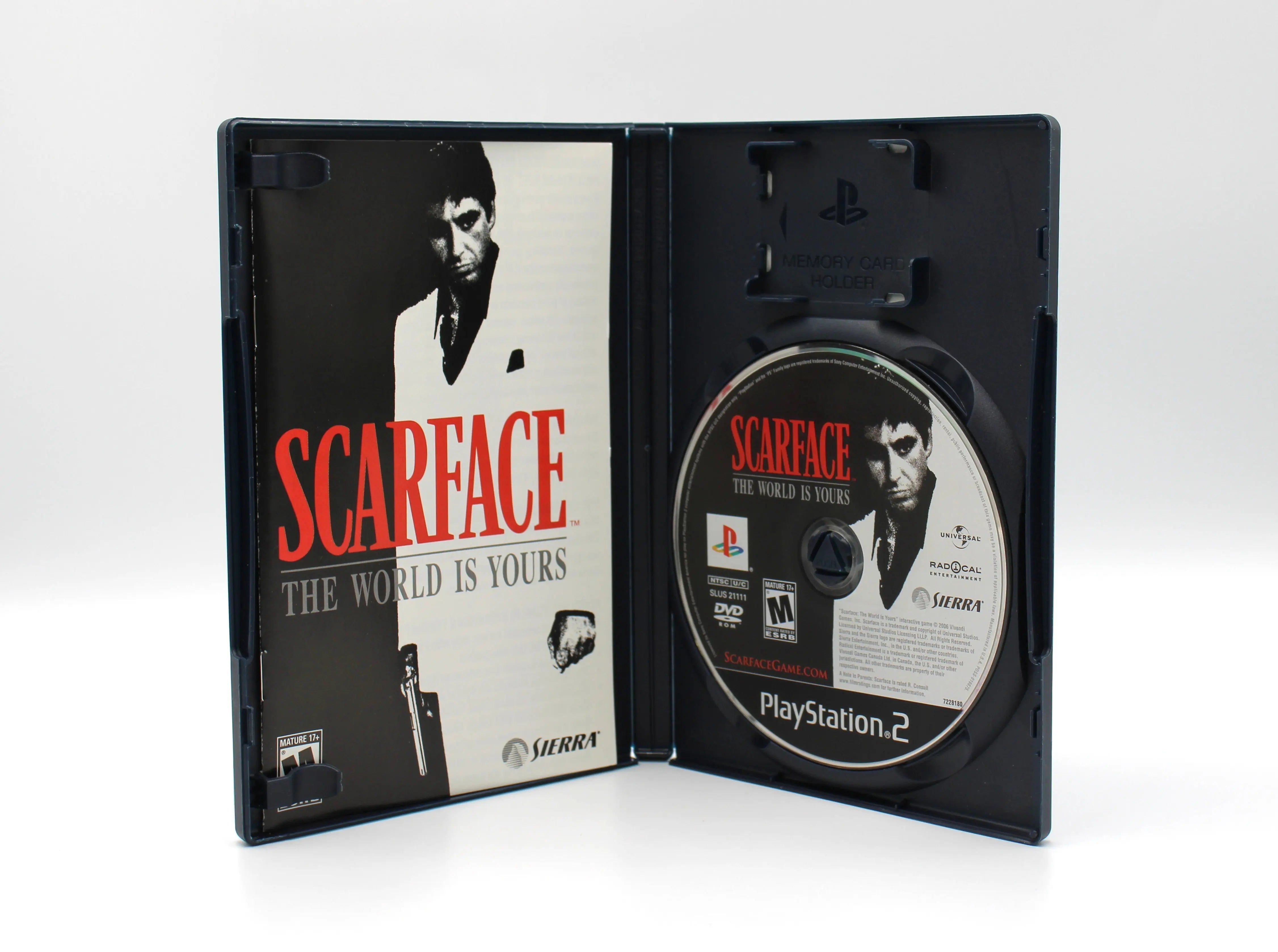 Features an NTSC-U black label game copy of Scarface: The World Is Yours for the Sony PlayStation 2. CIB. See picture view for the OEM open case view with intact clean manual and authentic tested game disc.