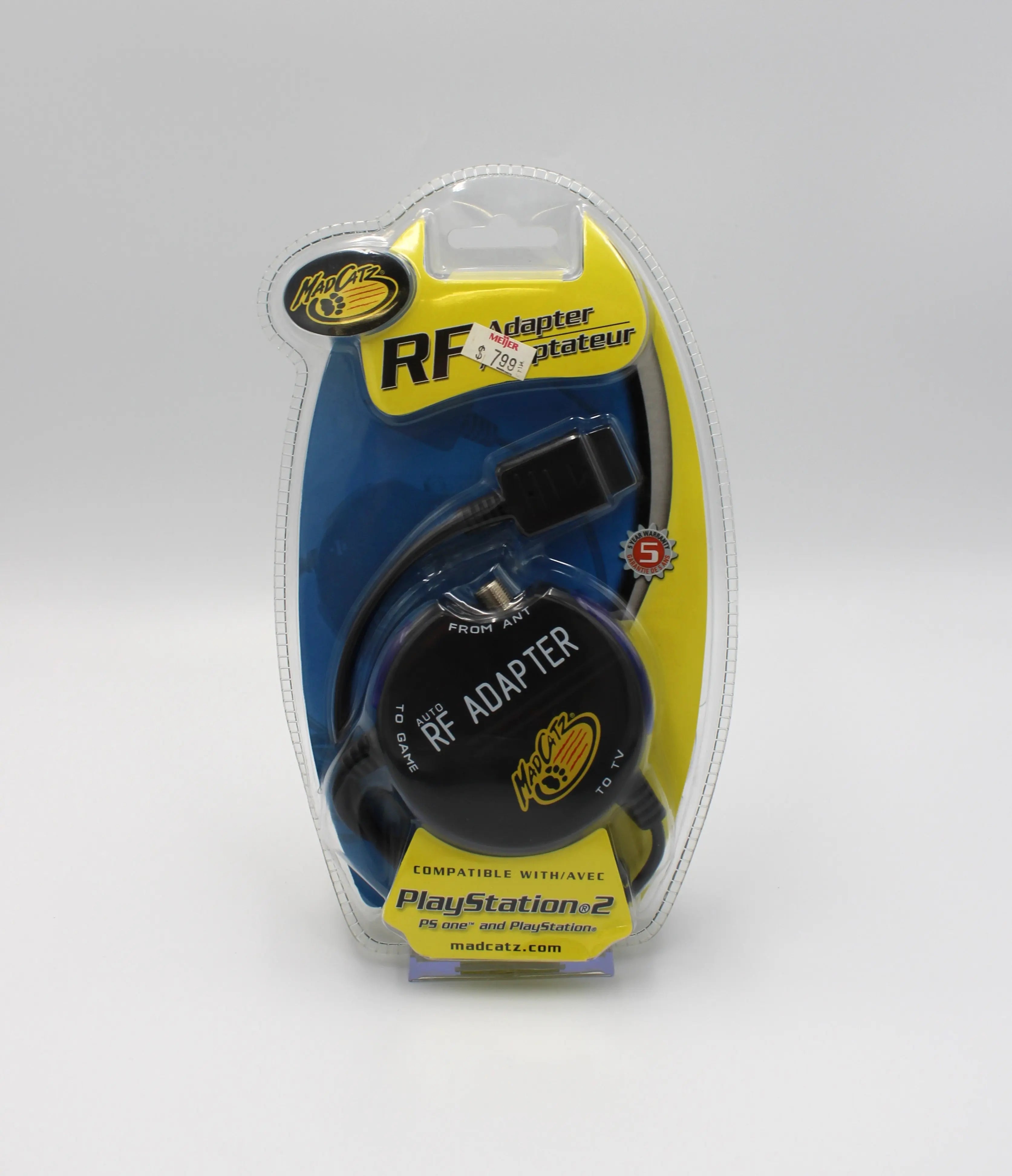 Front view of brand new sealed NTSC-U Mad Catz RF Adapter for the Sony PlayStation 1 and PlayStation 2. PS1/PS2. View front of sealed gaming accessory with title text and original retail store price sticker,