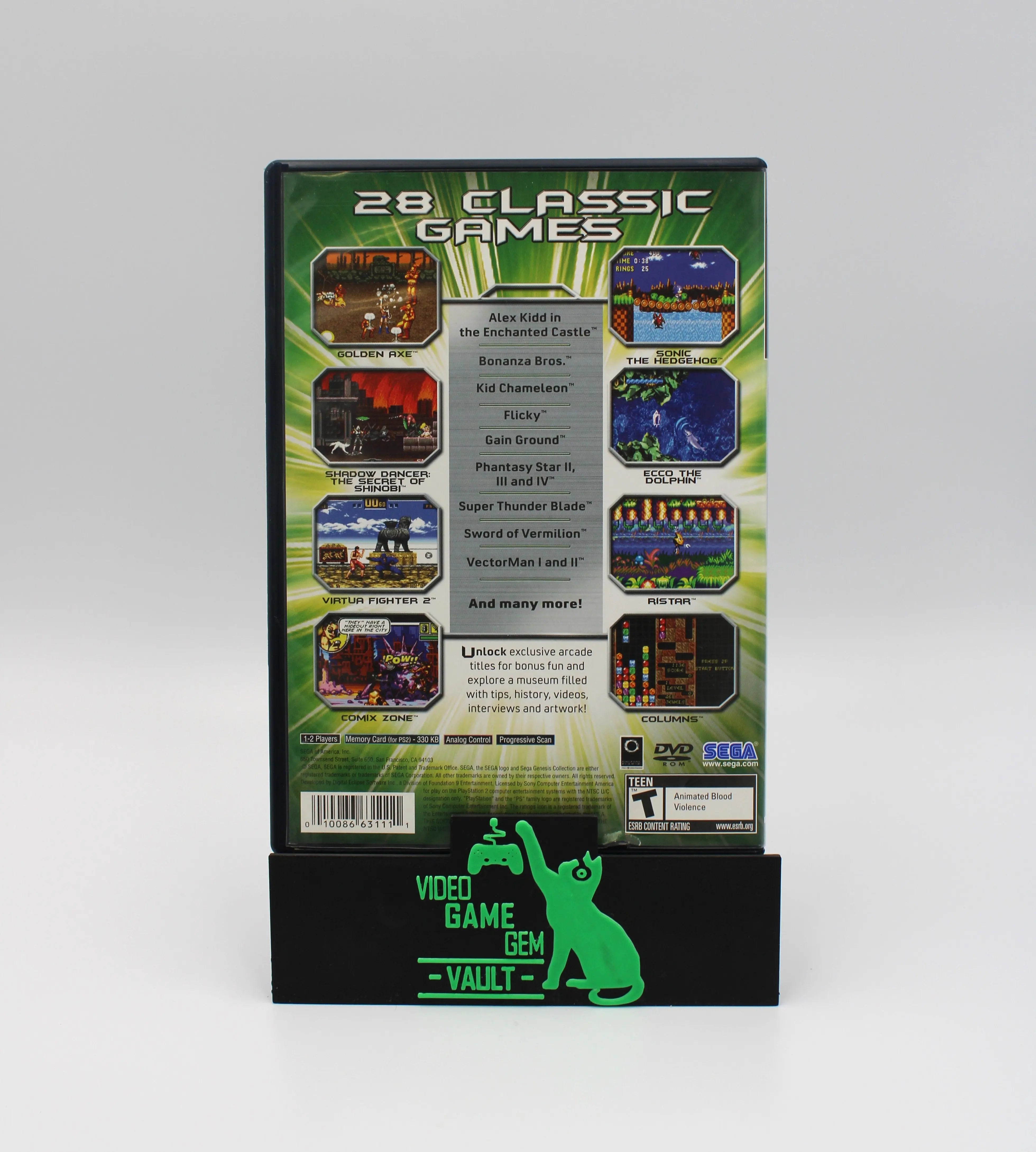 Back cover image of Sega Genesis Collection for Sony PlayStation 2 PS2 (2006), NTSC-U edition displaying Teen rating, title text, UPC, and condition.