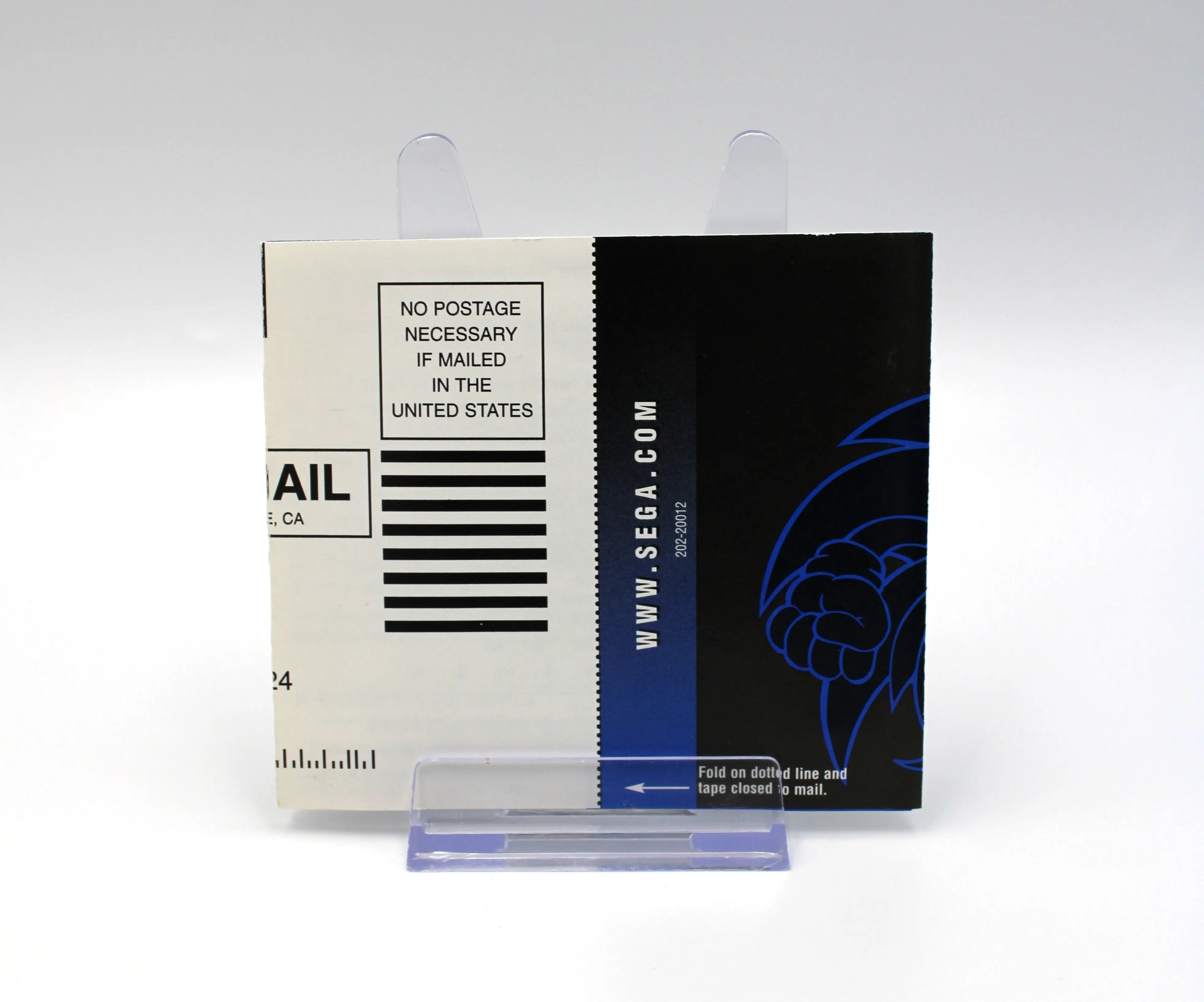 Back side of SEGA registration card from Ferrari F355 Challenge on PS2 (2002) NTSC-U, with Sega of America return address and barcode section.