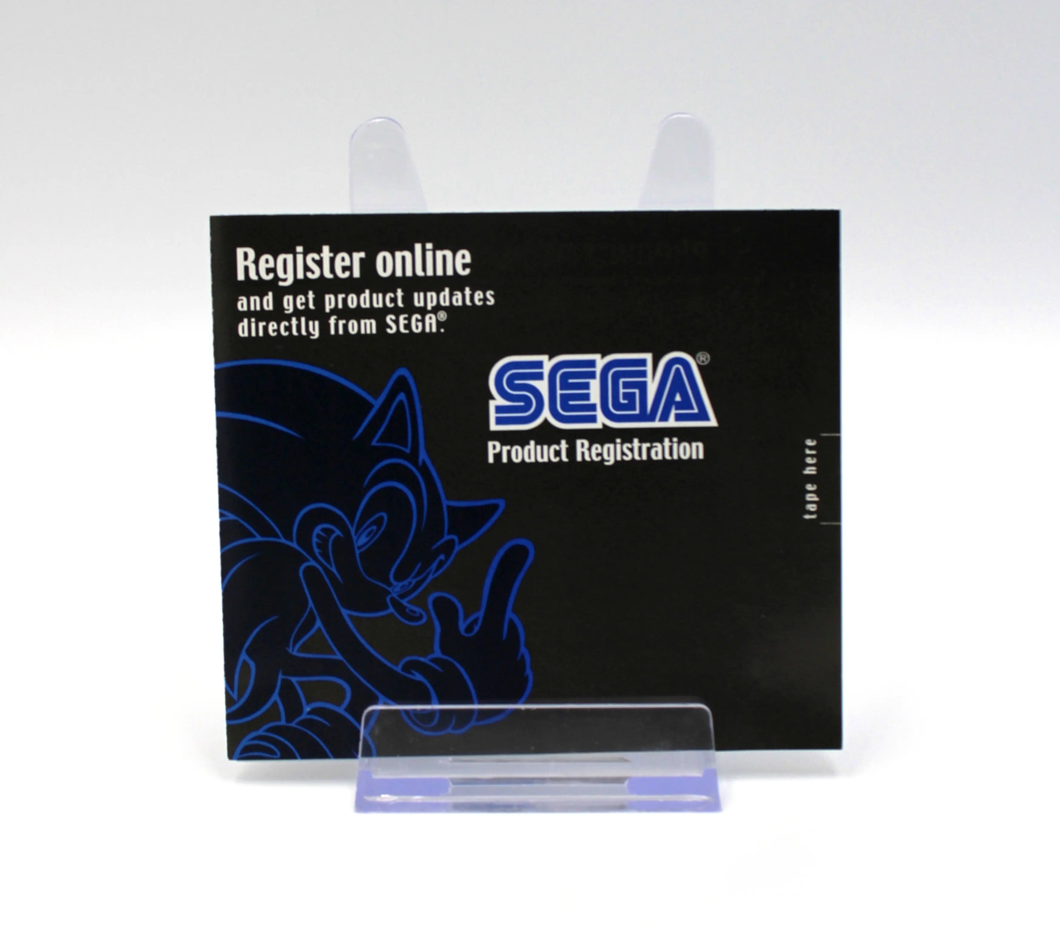 Front of the original SEGA product registration card included with Ferrari F355 Challenge for PS2 (2002) NTSC-U. Features Sonic artwork and SEGA logo.
