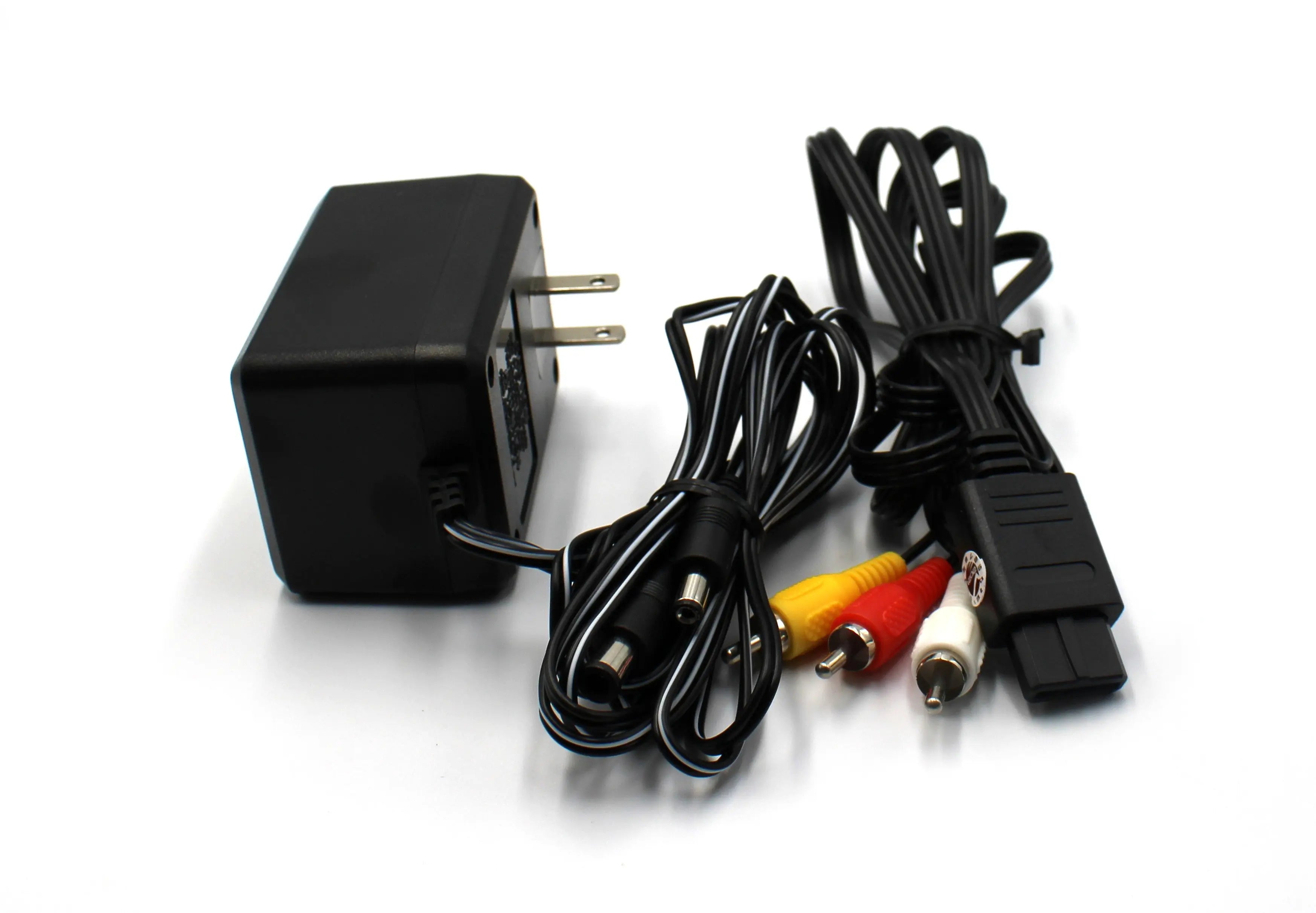 SNES Cables View: Refurbished Super Nintendo SNES with OEM controller and cables. 1991 NTSC-U console with a new translucent red shell. Image of included 3rd party AV composite cable and 3rd party power supply.