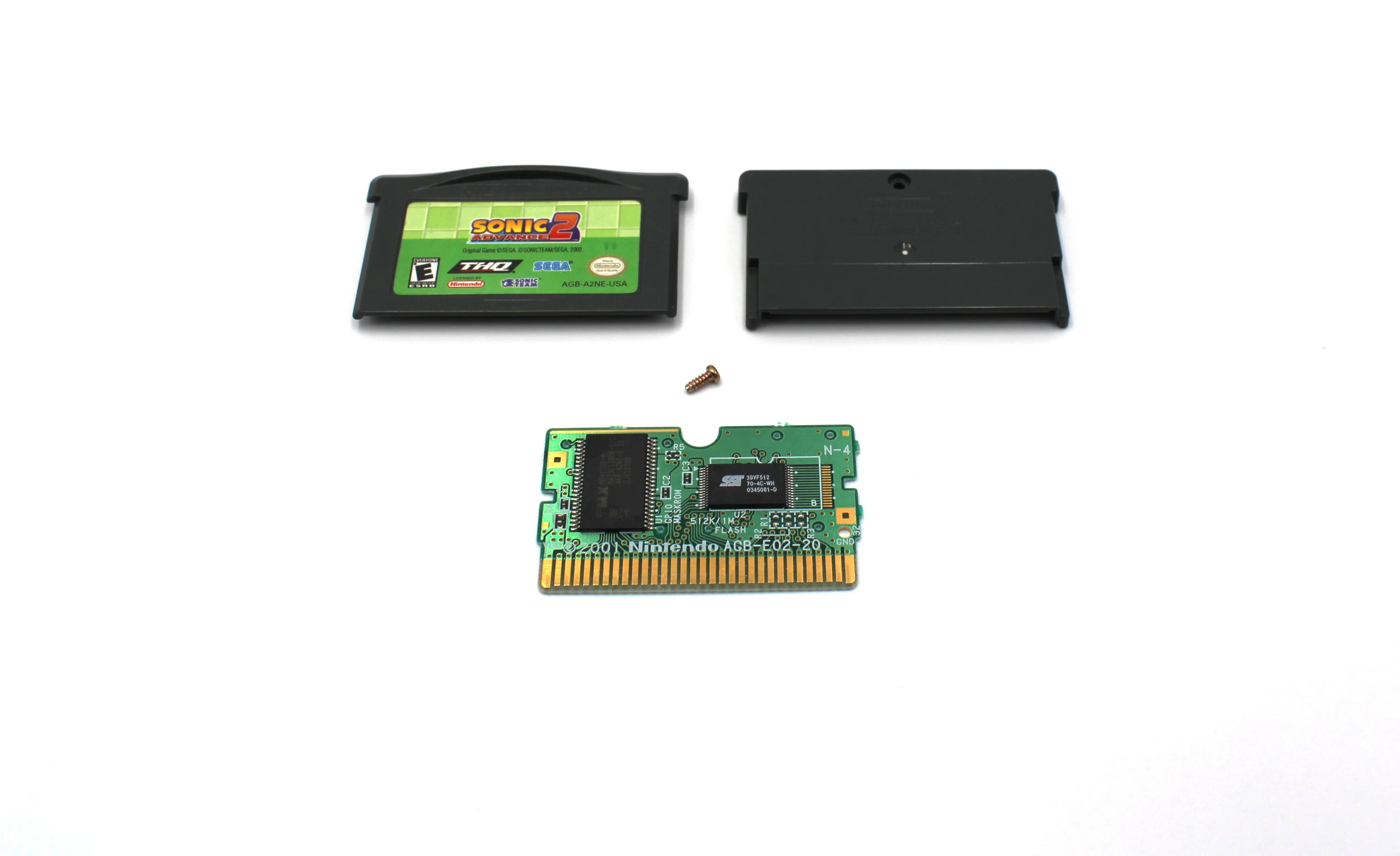 Main display of Sonic Advance 2 for Nintendo Game Boy Advance GBA – Authentic Game Cartridge (2002) NTSC-U. Includes front and back shell, board, and security screw, shown fully disassembled for authenticity verification.