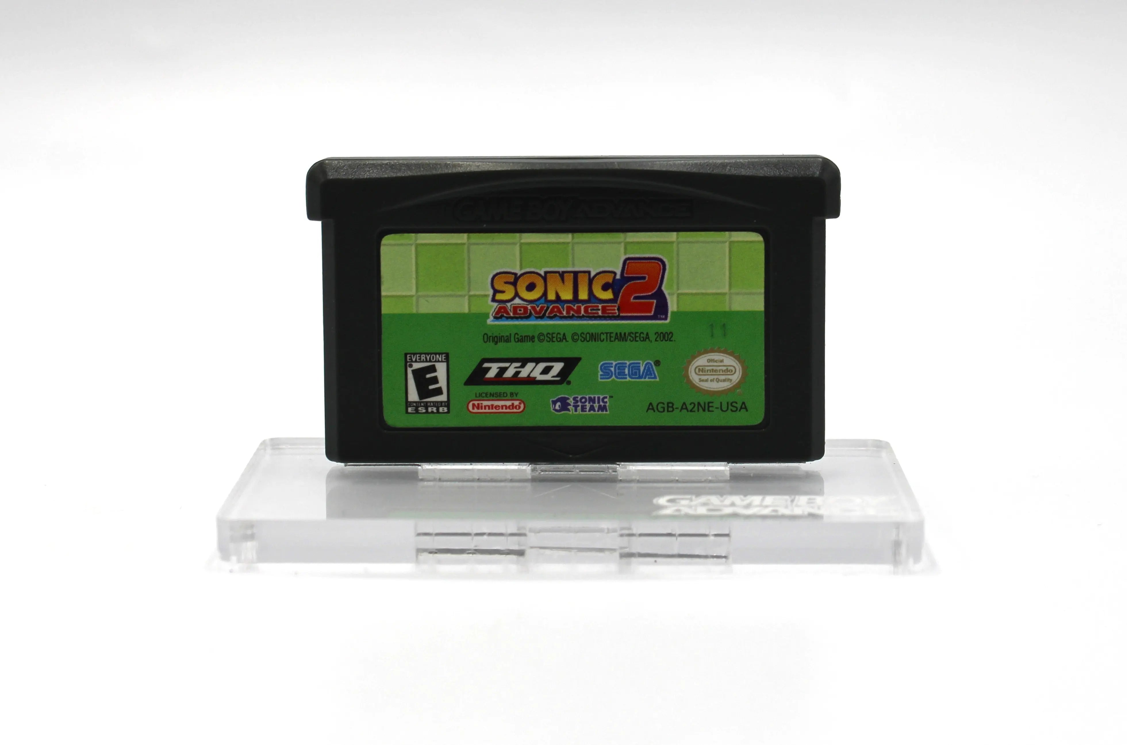 Front shell view of Sonic Advance 2 for Nintendo Game Boy Advance GBA – Authentic Game Cartridge (2002) NTSC-U, showing label condition and authentic molding details.
