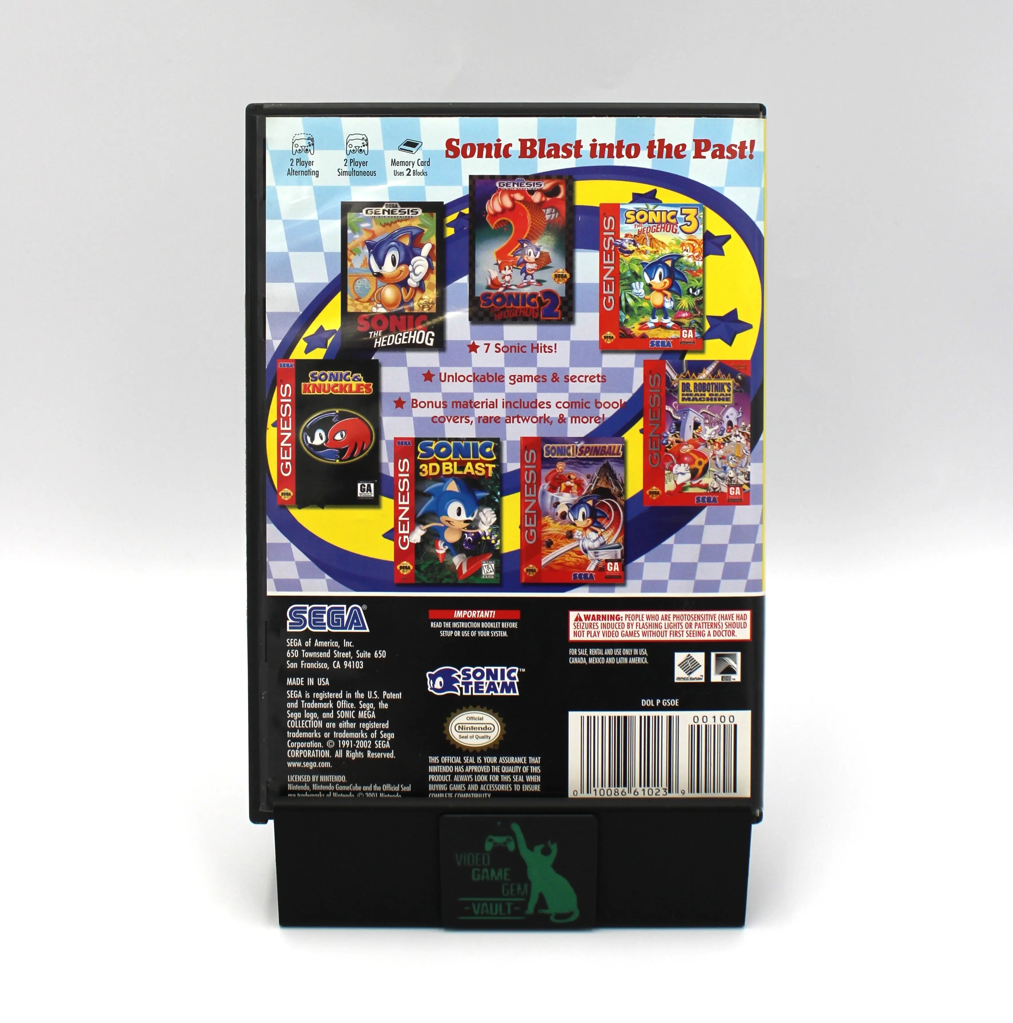 “Back cover of Sonic Mega Collection for Nintendo GameCube – NTSC‑U black label CIB with Manual (2002), displaying gameplay screenshots, a description of included titles, and ESRB rating box.”
