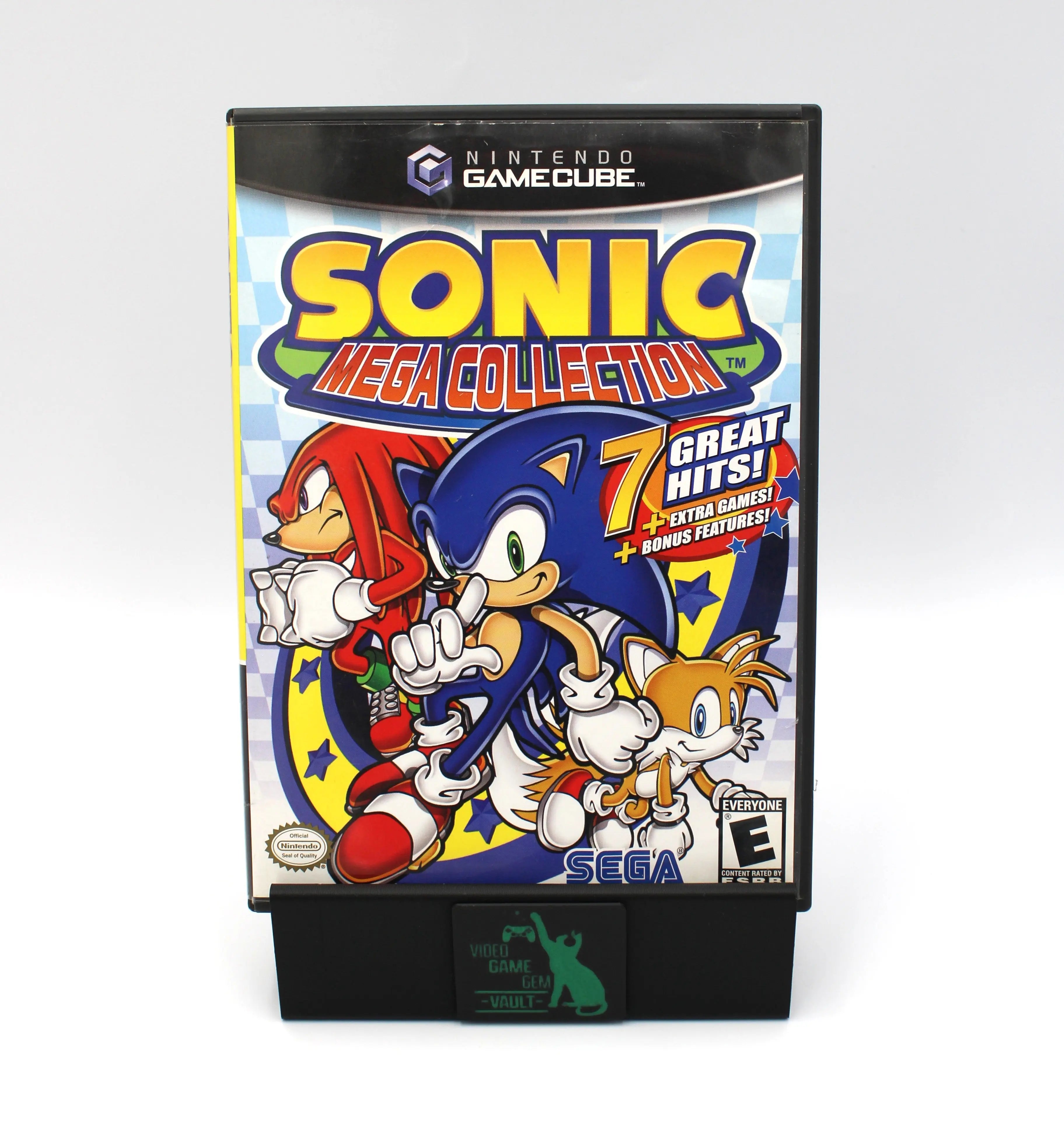 Front cover view of Sonic Mega Collection for Nintendo GameCube – NTSC‑U black label CIB with Manual (2002), featuring Sonic the Hedgehog and friends against a blue backdrop.
