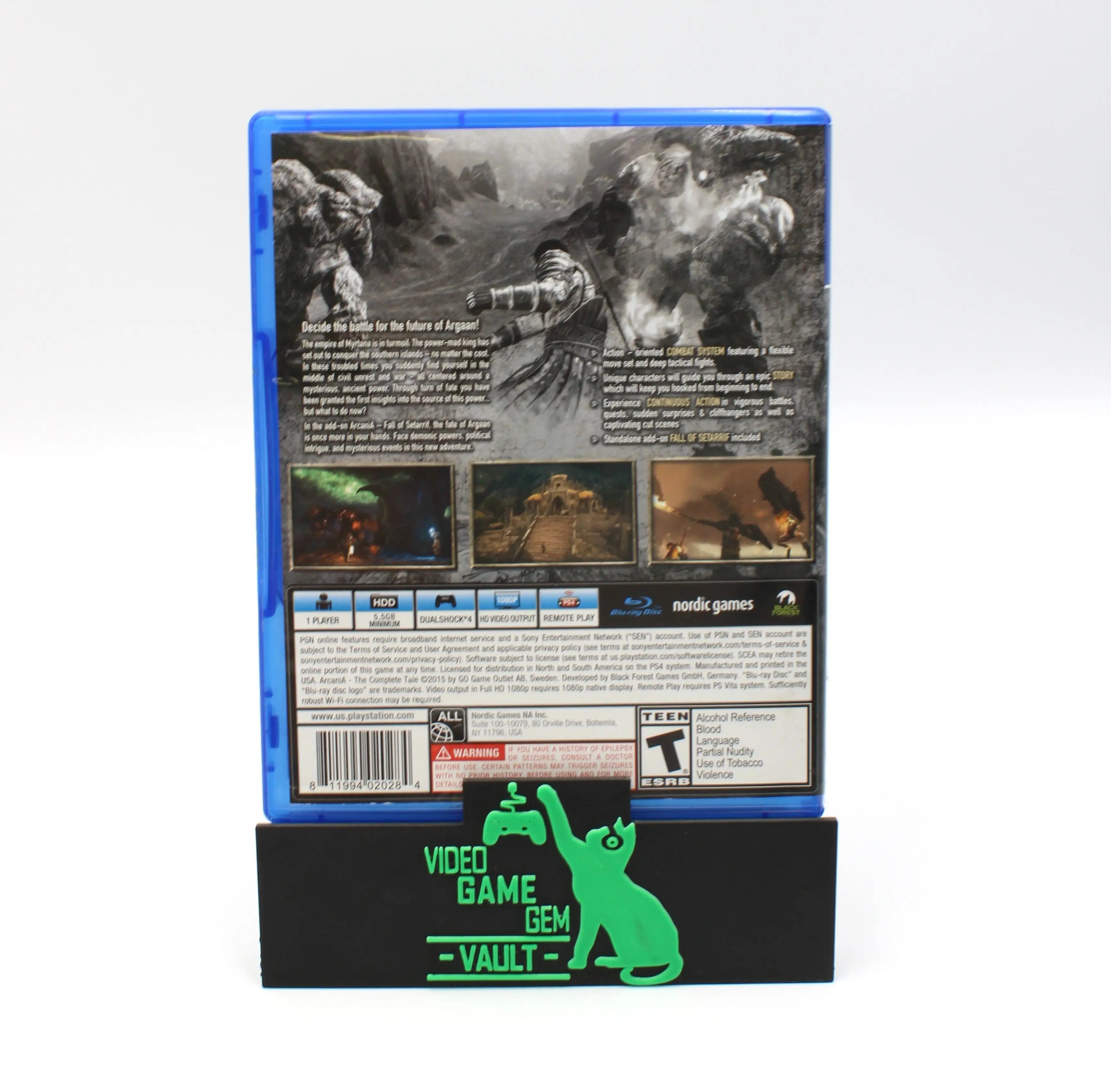 Back cover image of Arcania: The Complete Tale for Sony PlayStation 4 PS4 (2015), NTSC-U edition.