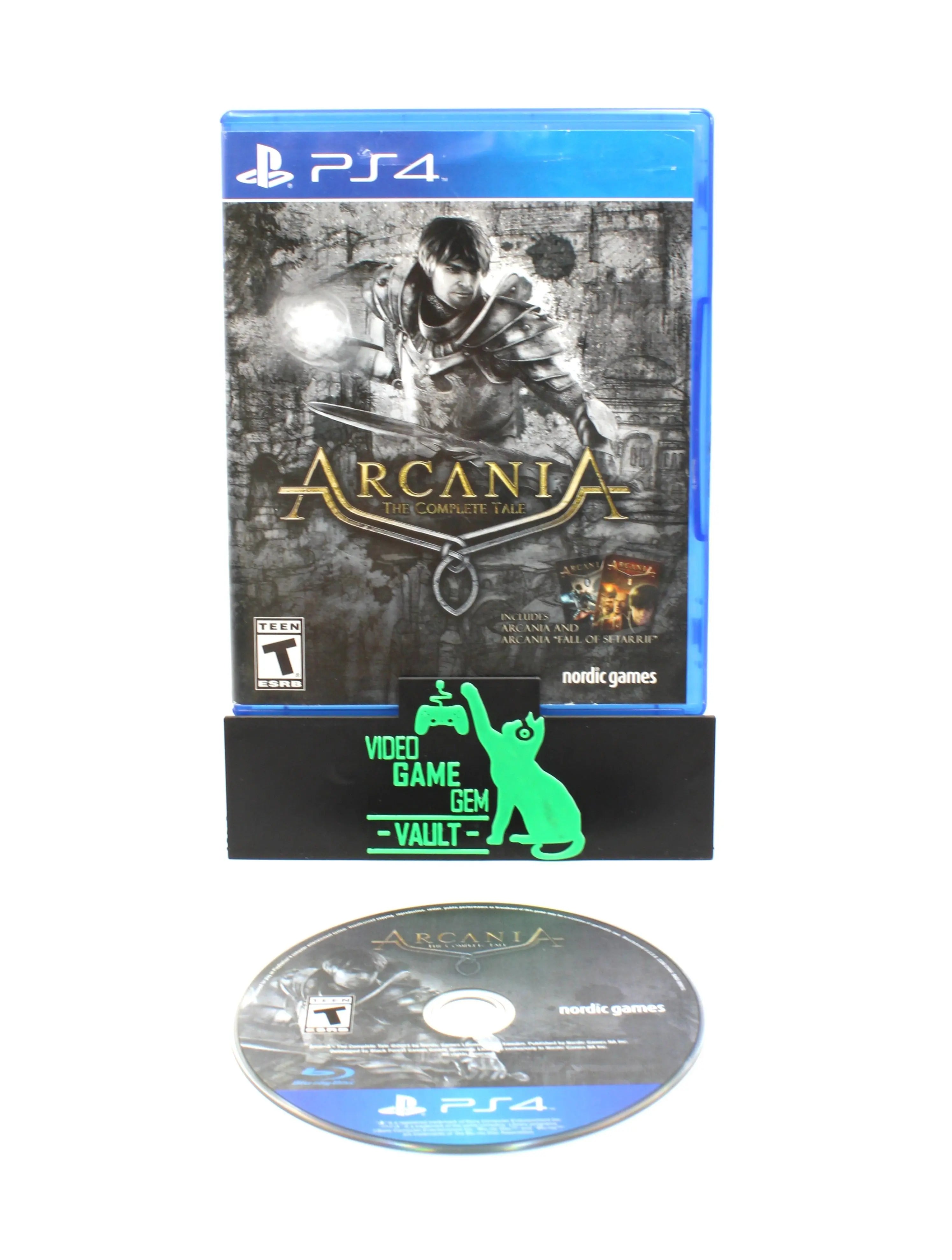 Main display image of Arcania: The Complete Tale for Sony PlayStation 4 PS4 (2015), showing case, front artwork cover,  and game disc, NTSC-U edition.