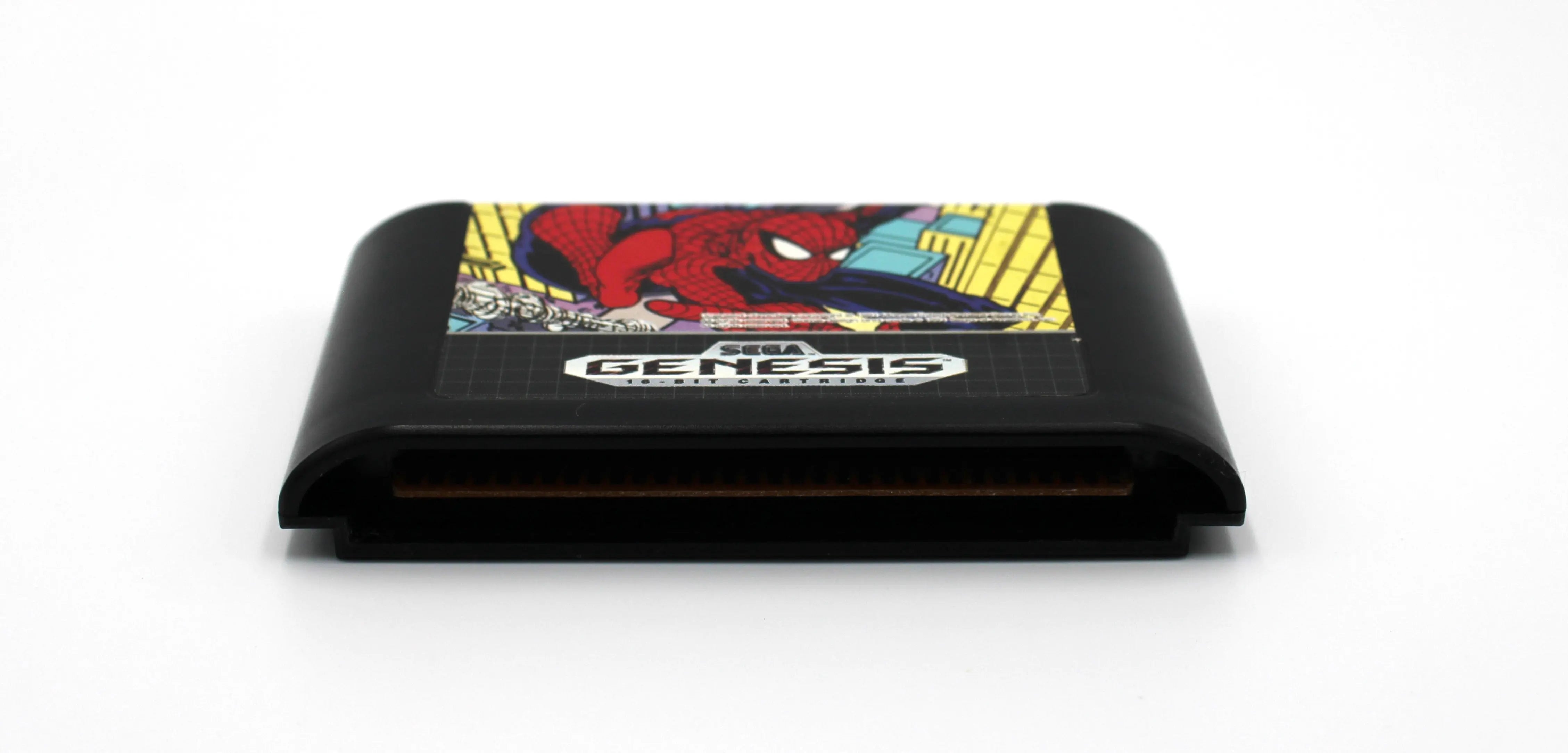Bottom edge view of Spider‑Man for Sega Genesis – Authentic Game Cartridge (1991), showing the gold pin connector and snug board fit inside the shell.