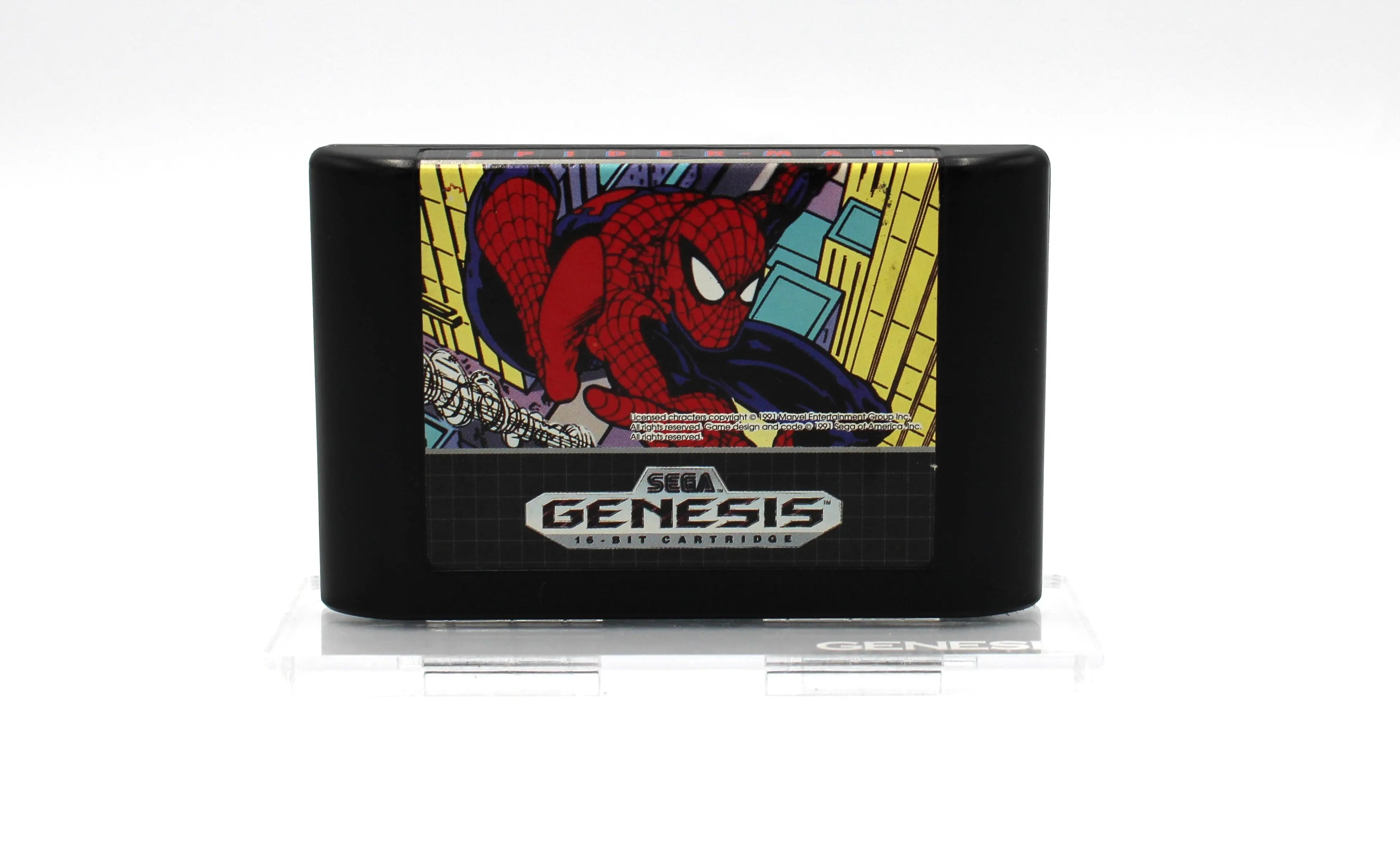 Front shell view of Spider‑Man for Sega Genesis – Authentic Game Cartridge (1991), showing the original label artwork, Sega logo, and clean plastic shell.