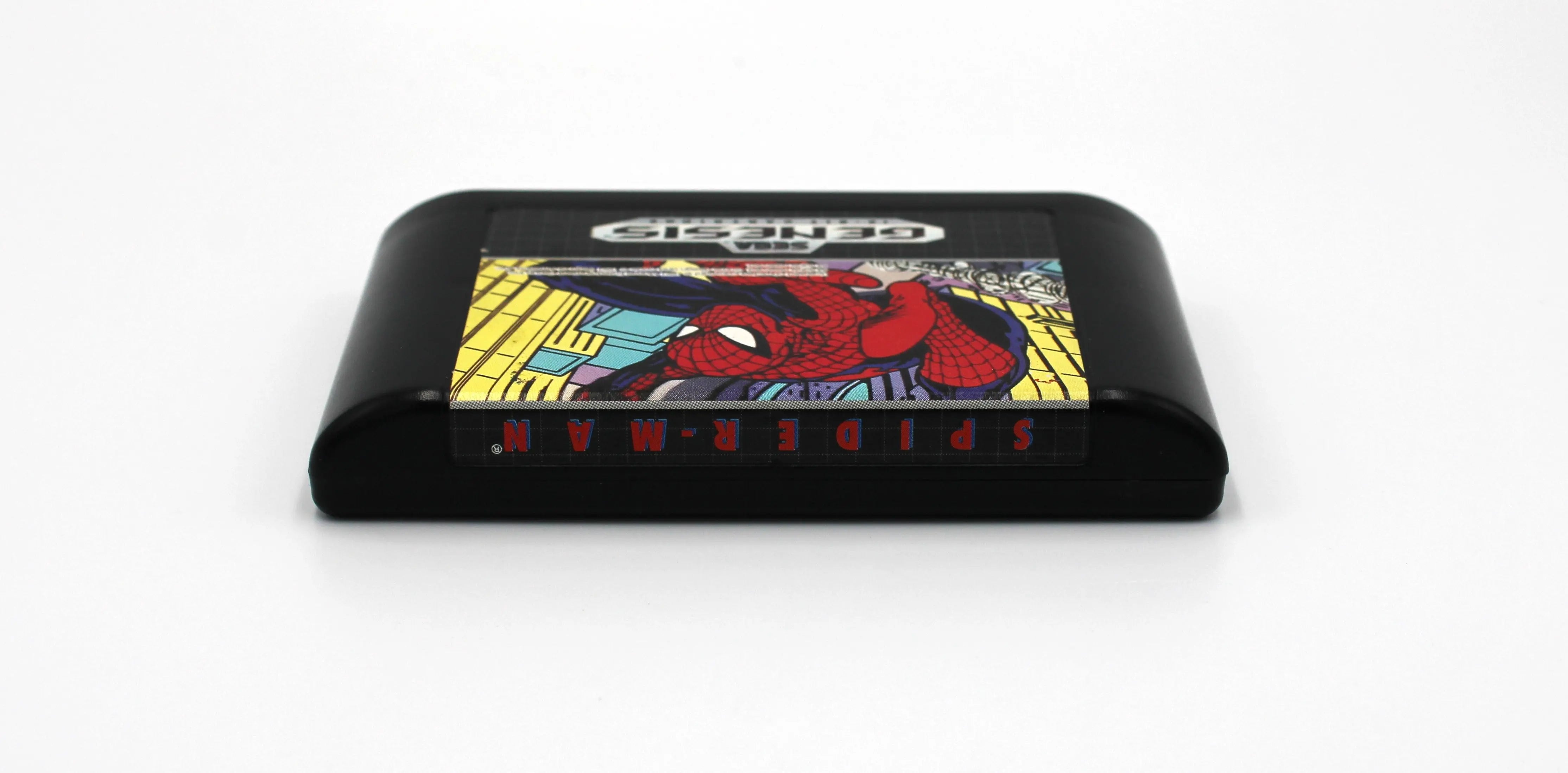 Top edge view of Spider‑Man for Sega Genesis – Authentic Game Cartridge (1991), showing clean shell alignment and the edge of the label insert.