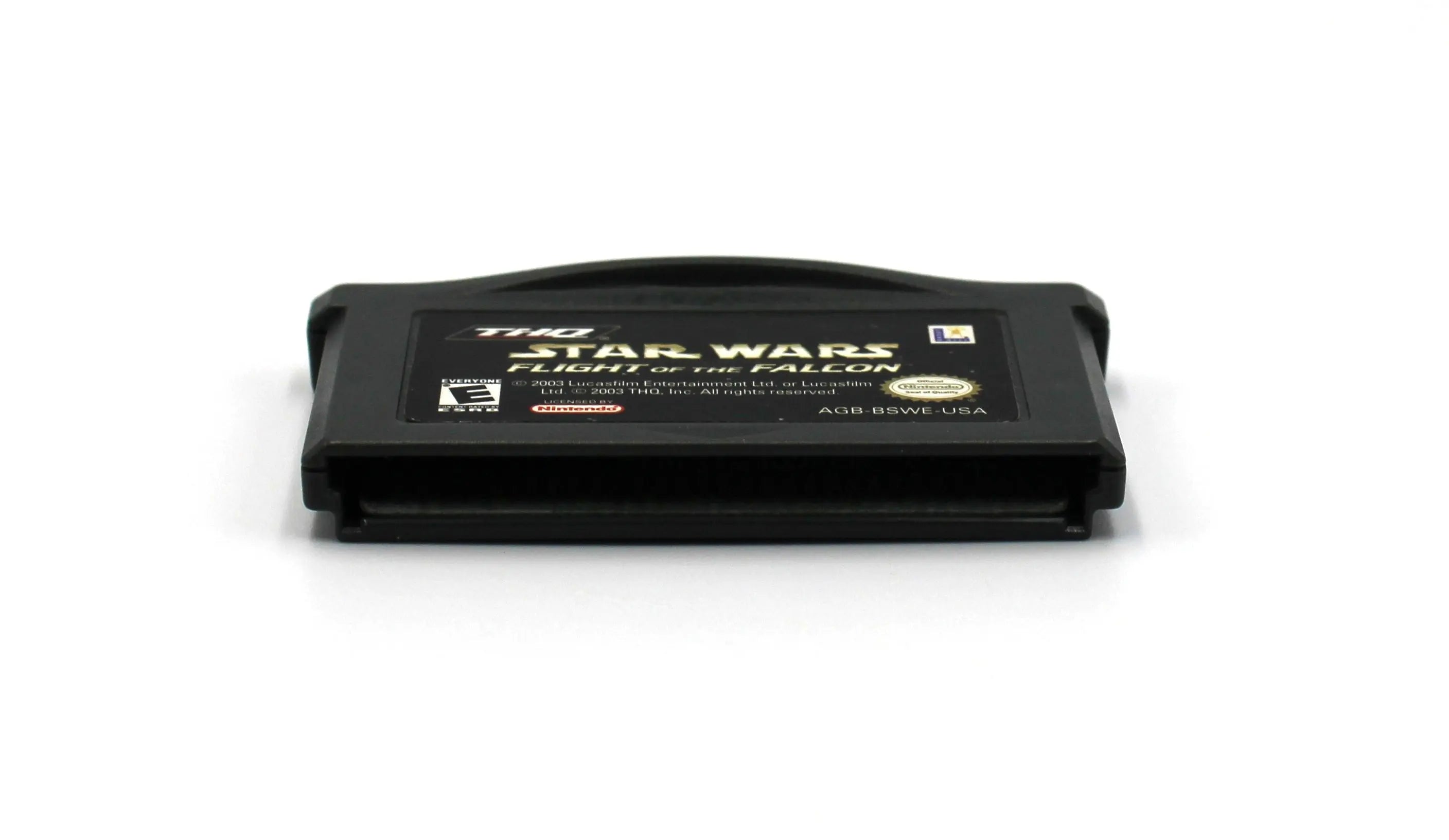 Bottom edge view of Star Wars: Flight of the Falcon for Nintendo Game Boy Advance GBA – Authentic Game Cartridge (2003) NTSC‑U, showing clean, authentic pin connector and internal board fit.