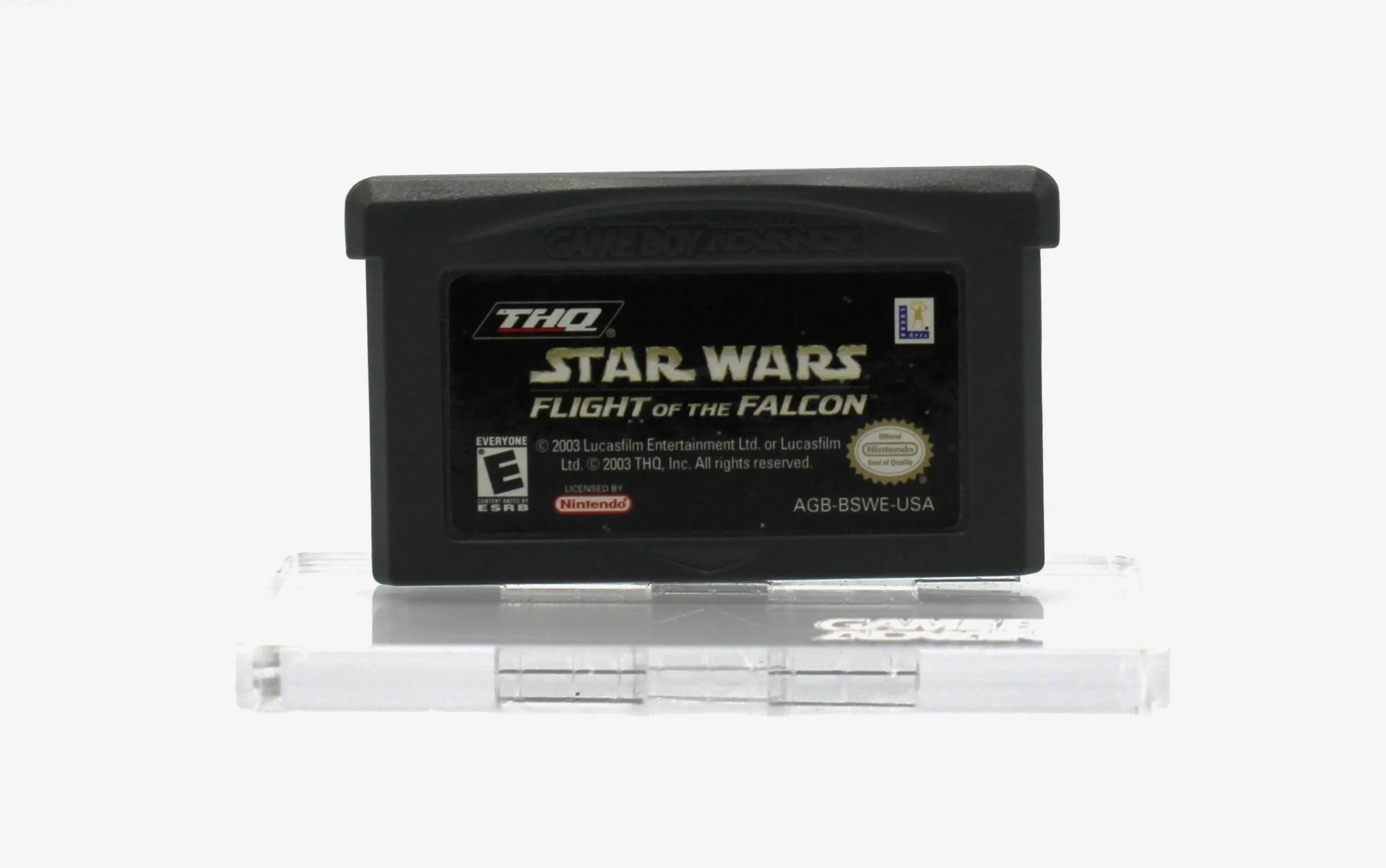 Front shell view of Star Wars: Flight of the Falcon for Nintendo Game Boy Advance GBA – Authentic Game Cartridge (2003) NTSC‑U, showing label condition and authentic molding details.