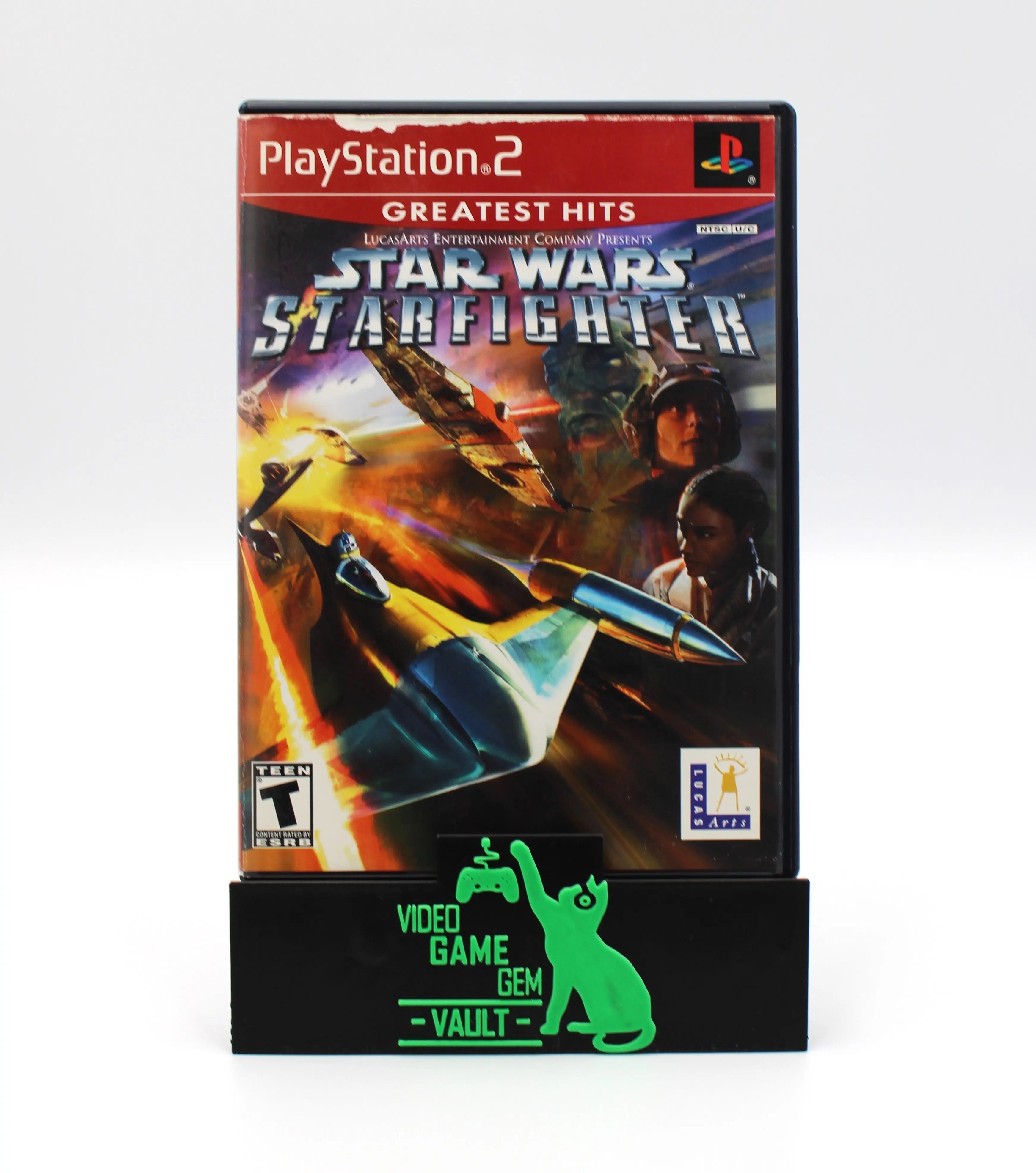 Front case view of Star Wars: Starfighter NTSC-U for Sony PlayStation 2, PS2. 2002 release. Greatest Hits GH CIB + Manual & Reg Card! See picture of front of case.