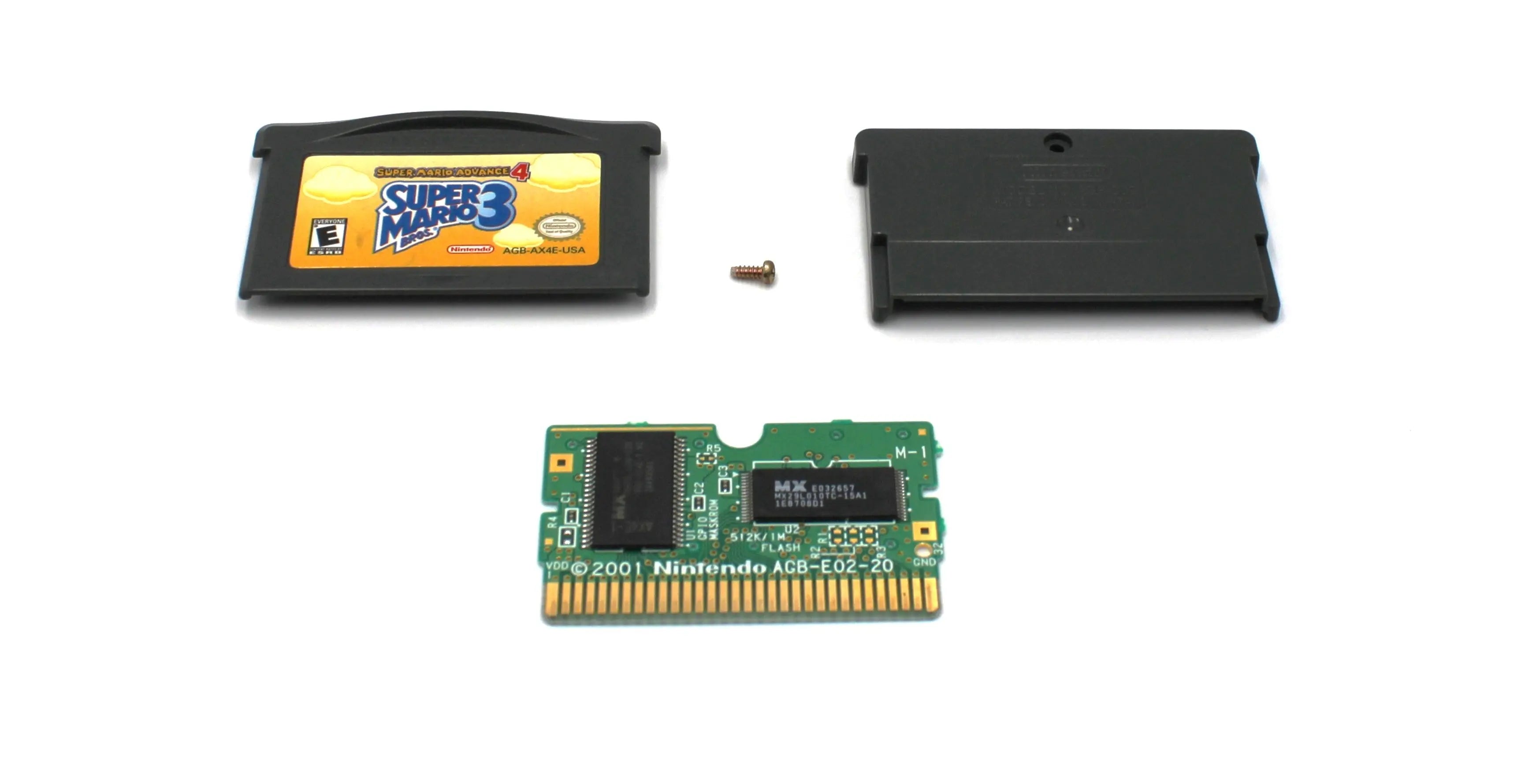 Main display of Super Mario Advance 4: Super Mario Bros. 3 for Nintendo Game Boy Advance GBA – Authentic Game Cartridge (2003) NTSC‑U. Includes front and back shell, board, and security screw, shown fully disassembled for authenticity verification.