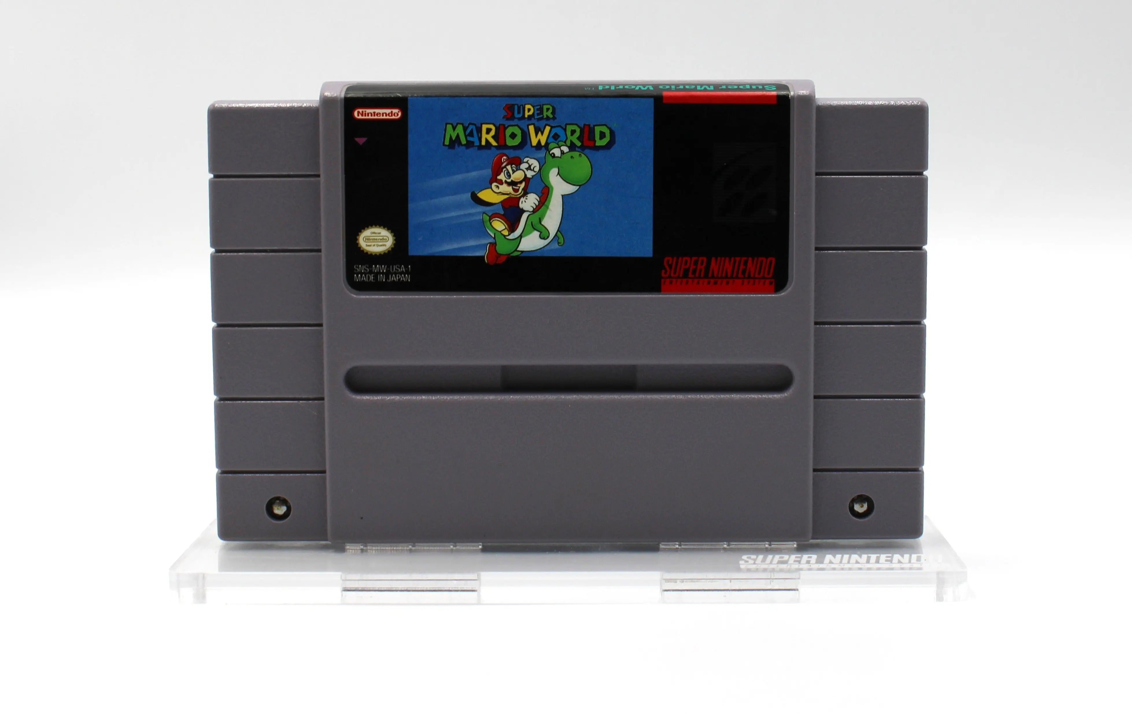 Front view of authentic NTSC-U copy of Super Mario World for Super Nintendo SNES. 1991. See picture of front game label, title text, and cartridge condition.