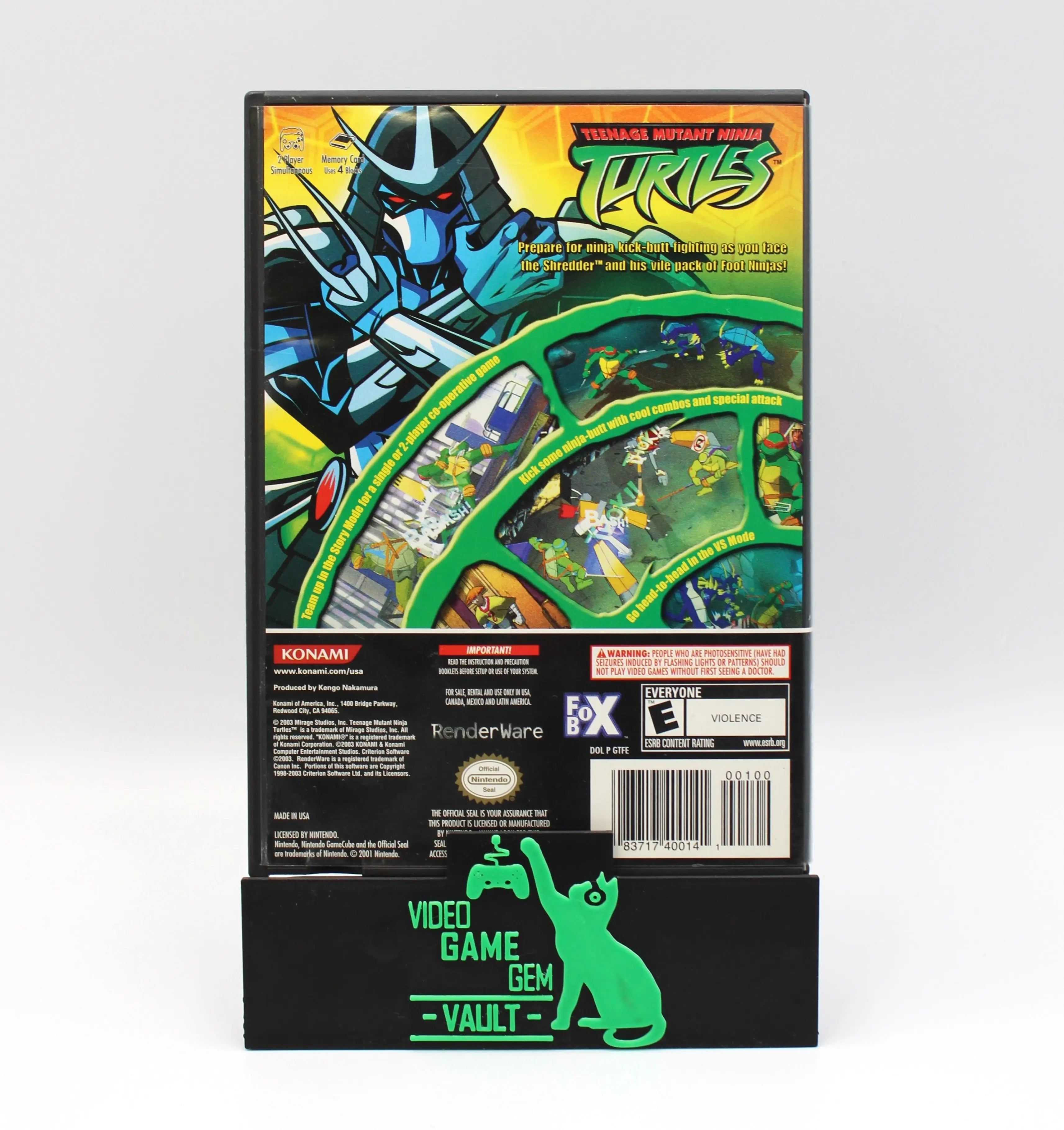 Back cover of the Teenage Mutant Ninja Turtles GameCube case, clearly displaying the game synopsis, player info, ESRB rating, technical details, and barcode.