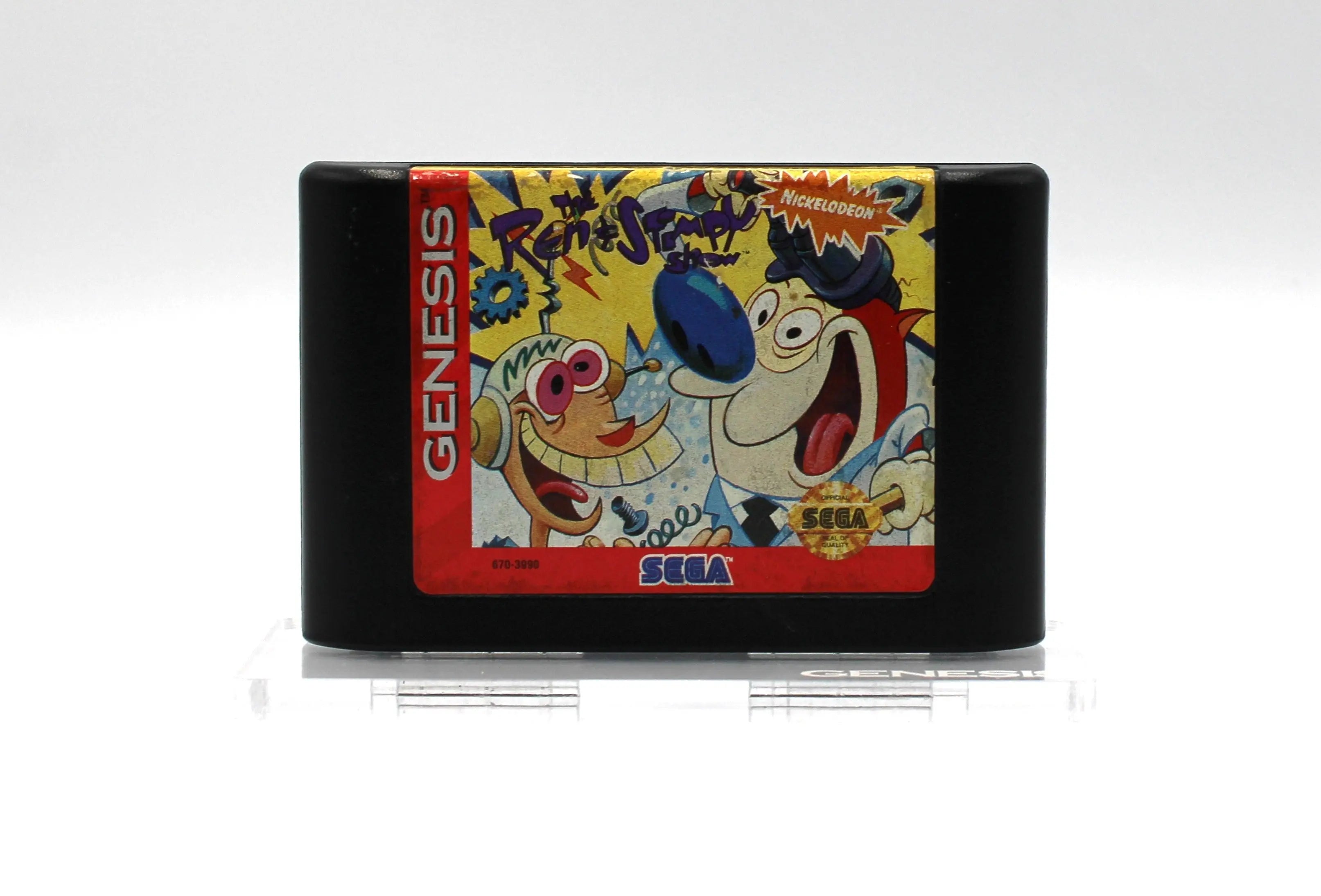 Front label view of NTSC-U version of The Ren & Stimpy Show: Stimpy's Invention for Sega Genesis. 1993. See authentic game cartridge front label.