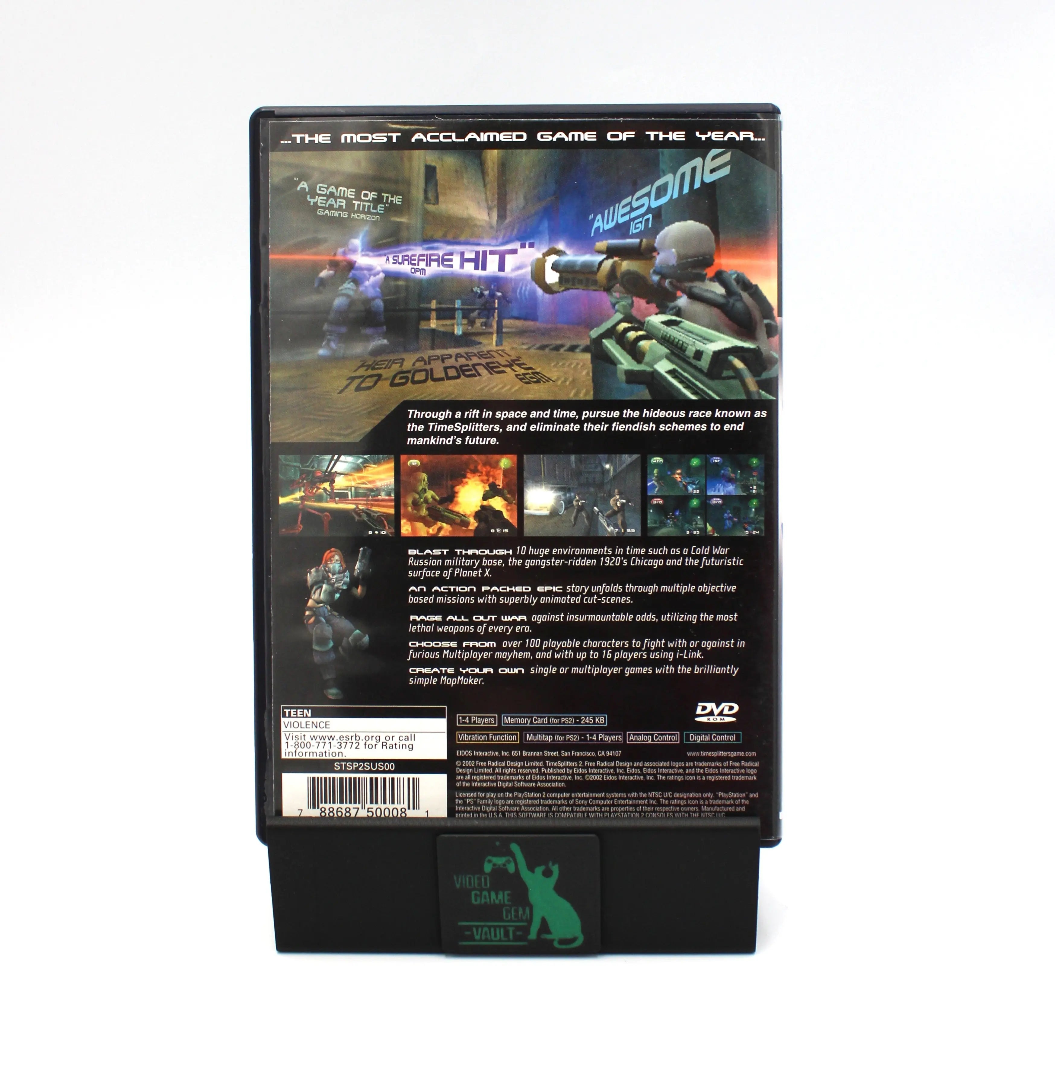 Back cover of TimeSplitters 2 for Sony PlayStation 2 PS2 – Complete with Manual (2002) NTSC‑U, showing game description, screenshots, and specs.
