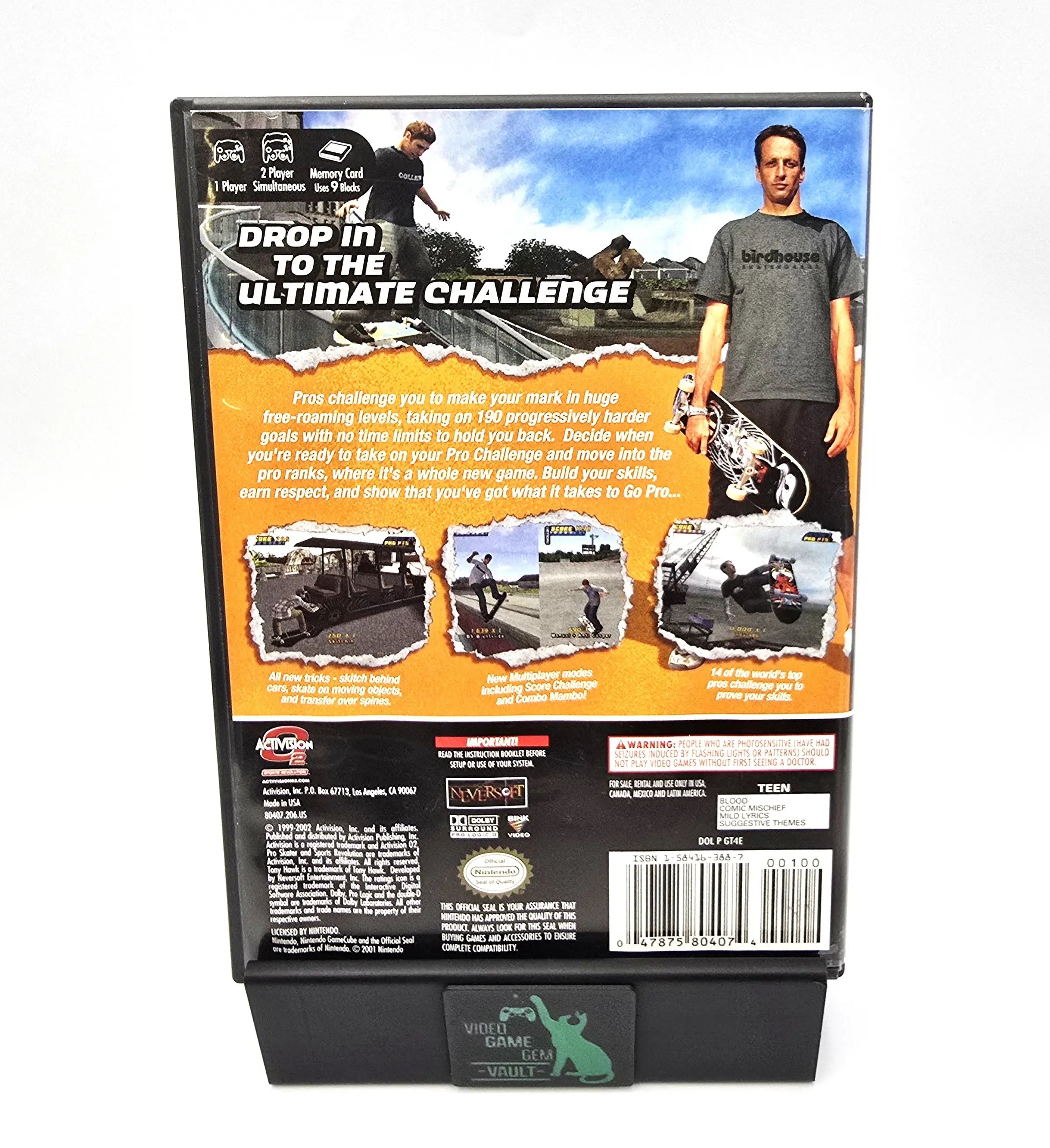 Back cover of Tony Hawk’s Pro Skater 4 for Nintendo GameCube NTSC-U, showing gameplay screenshots, description, and features for the authentic complete in box version. Black Label.