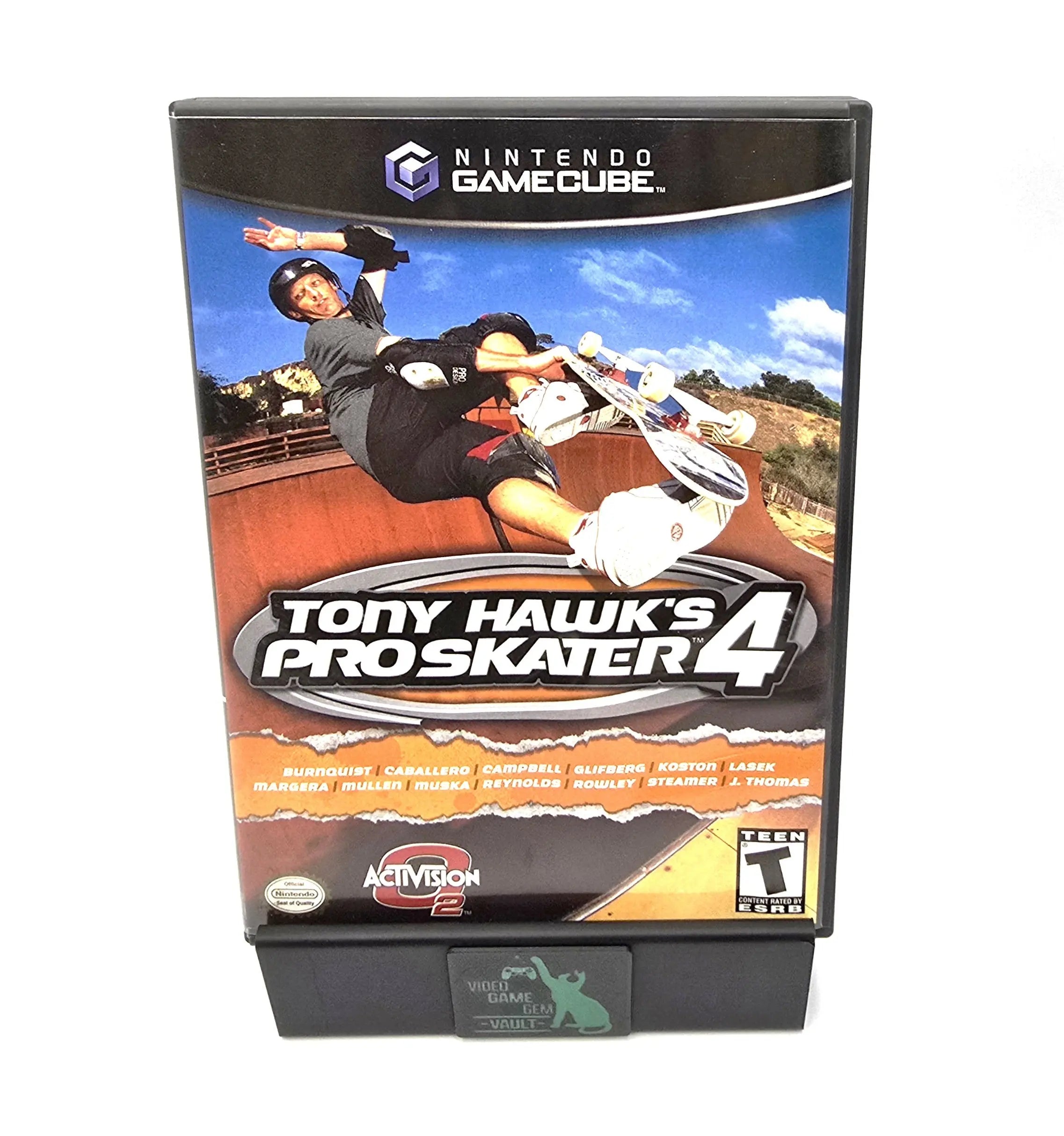 Front cover of Tony Hawk’s Pro Skater 4 for Nintendo GameCube NTSC-U, authentic complete in box, featuring Tony Hawk performing a vert trick. Black Label.