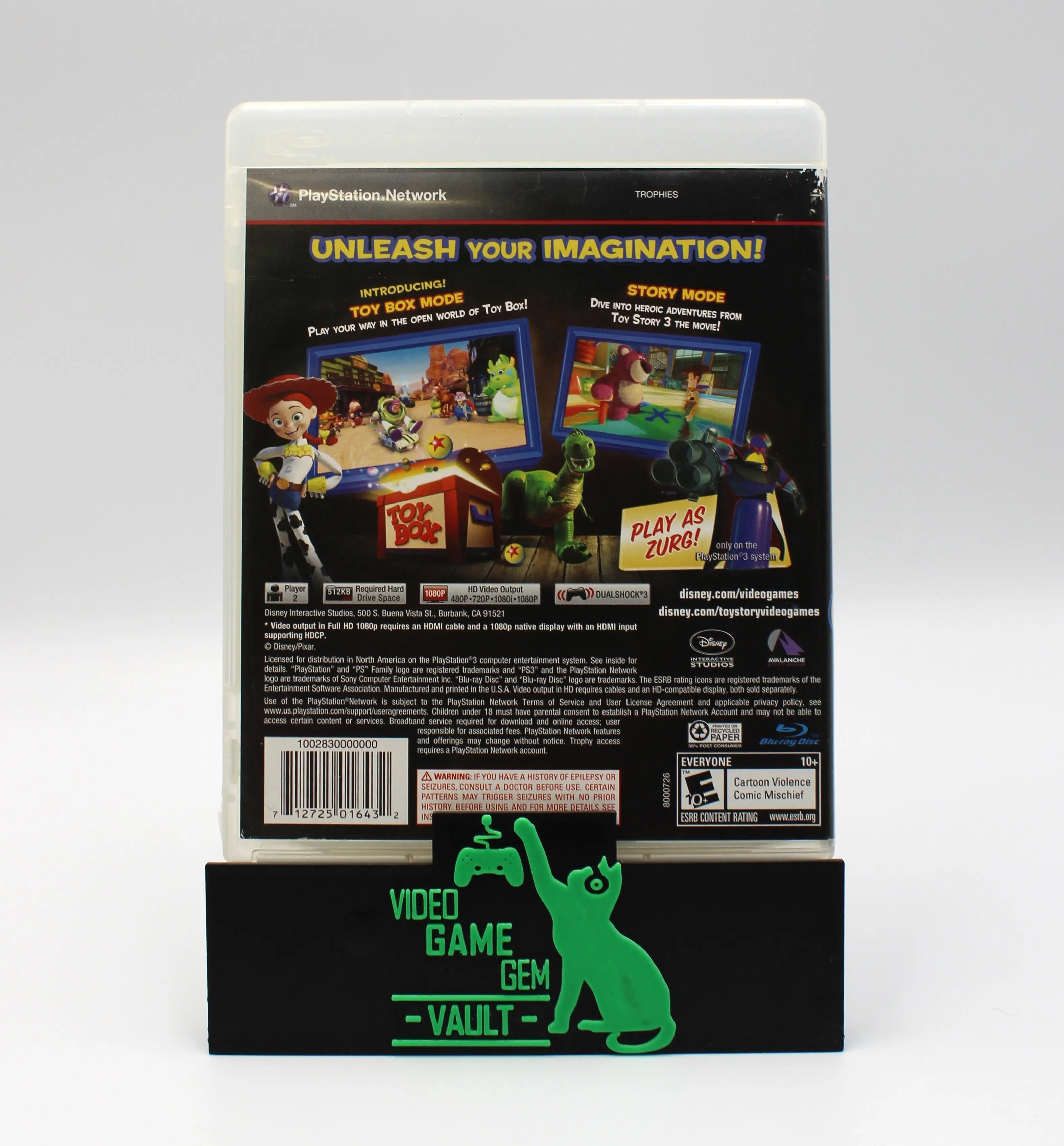 Back cover of Toy Story 3: The Video Game for Sony PlayStation PS3 – CIB with Manual (2010) NTSC‑U, displaying gameplay screenshots, promotional text, ESRB rating, and technical details on a blue‑themed background.