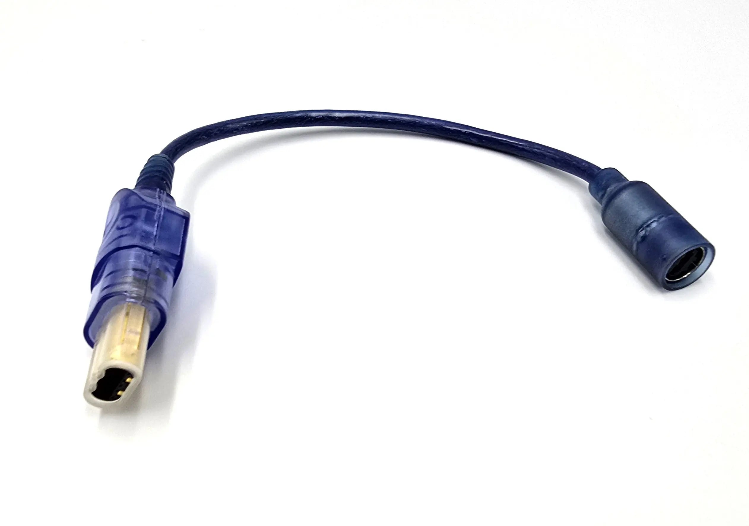 Overall view of NTSC-U translucent clear blue third-party breakaway cable for original Xbox controller, shown coiled with both male and female connectors visible. 