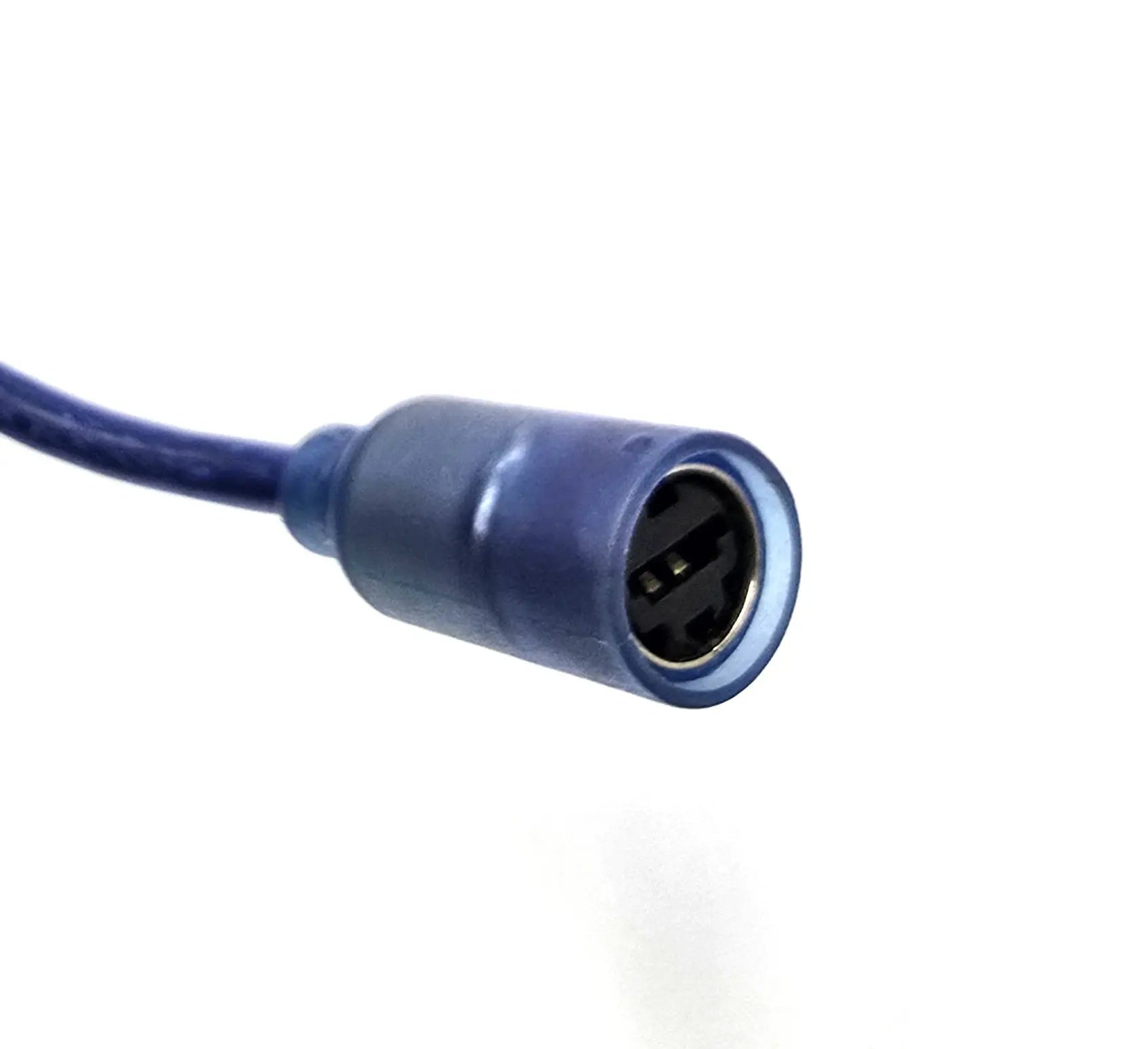 Close-up of NTSC-U translucent blue female connector port on third-party original Xbox breakaway cable, showing internal contact pins.