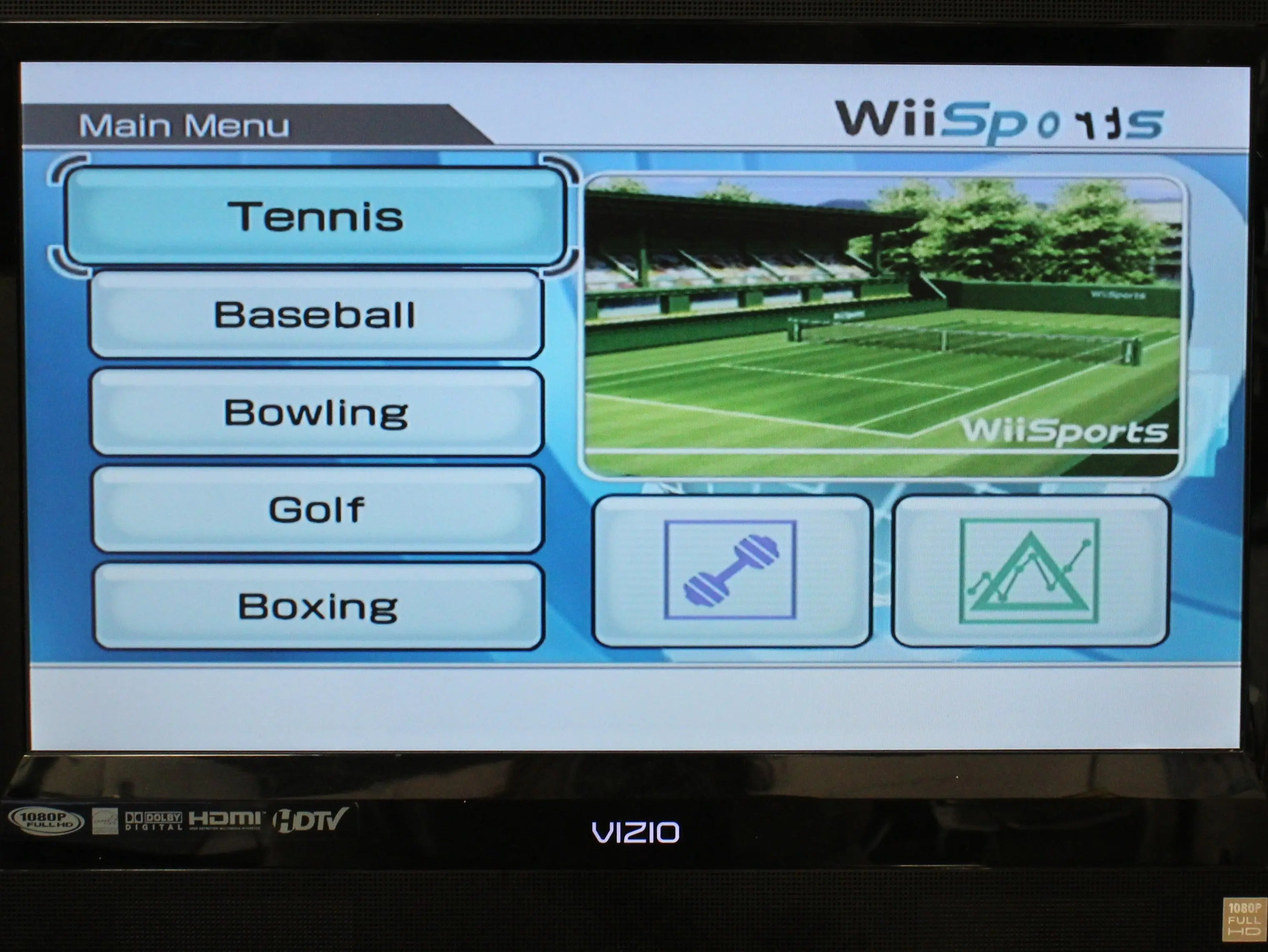 Gameplay view of a 2006 authentic NTSC-U copy of Wii Sports for Nintendo Wii. Image shows Main Menu options such as Tennis, Bowling, Golf, and more to show a verified working game disc.
