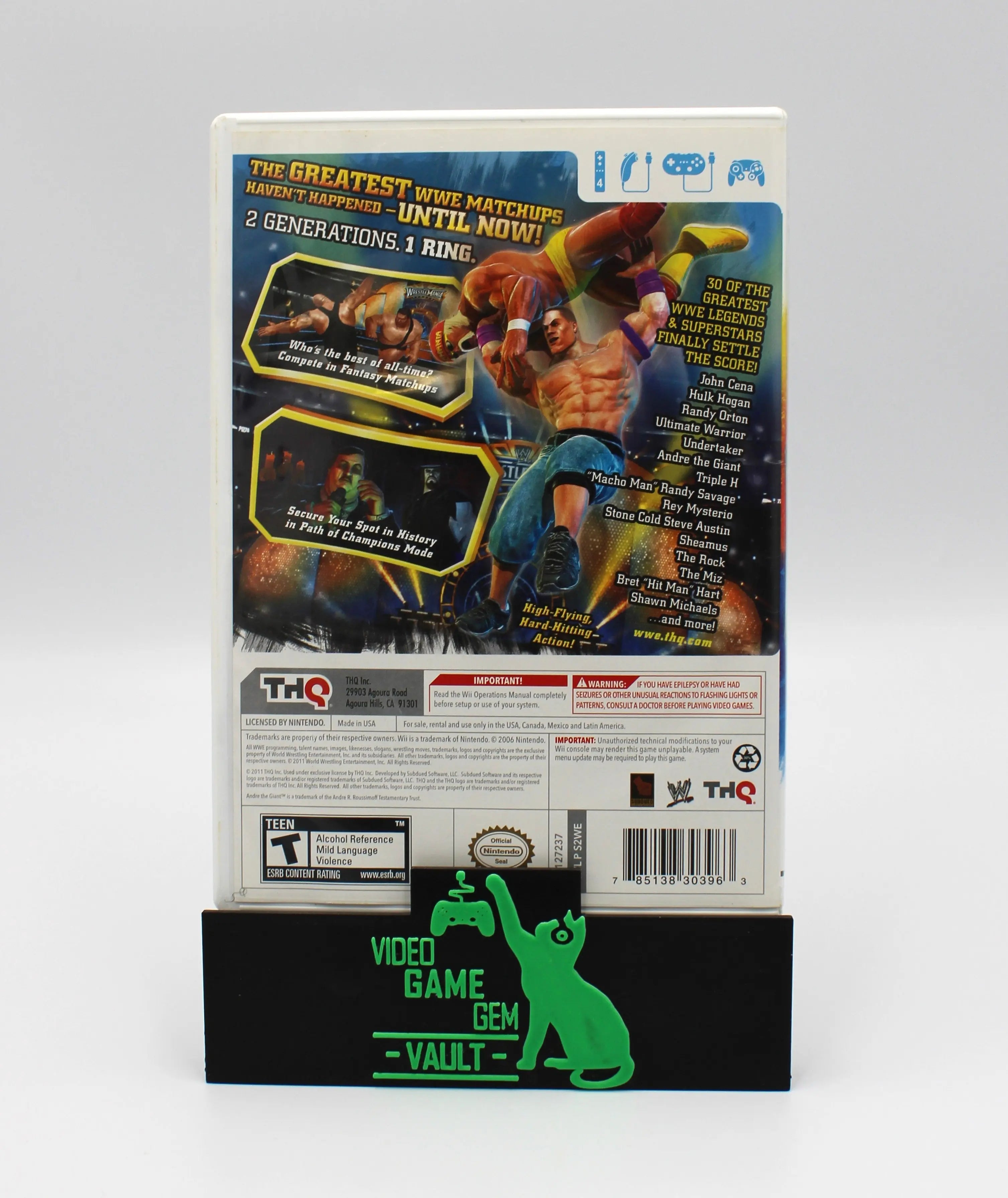 Back cover of WWE All Stars for Nintendo Wii – CIB with Manual (2011) NTSC-U, showing game description, gameplay screenshots, and system requirements.