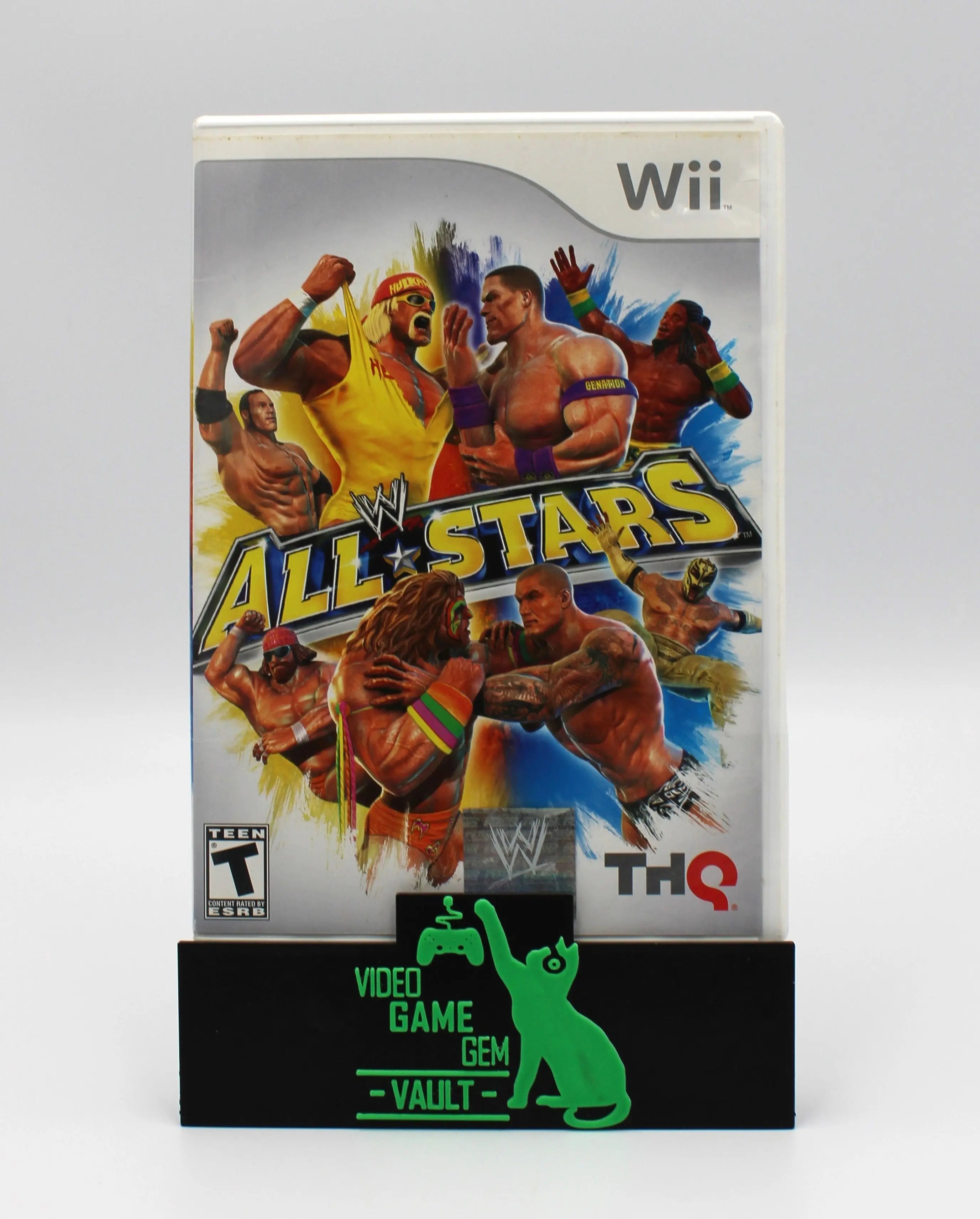 Front cover of WWE All Stars for Nintendo Wii – CIB with Manual (2011) NTSC-U, featuring cover art of wrestlers Cena and Rock in action.