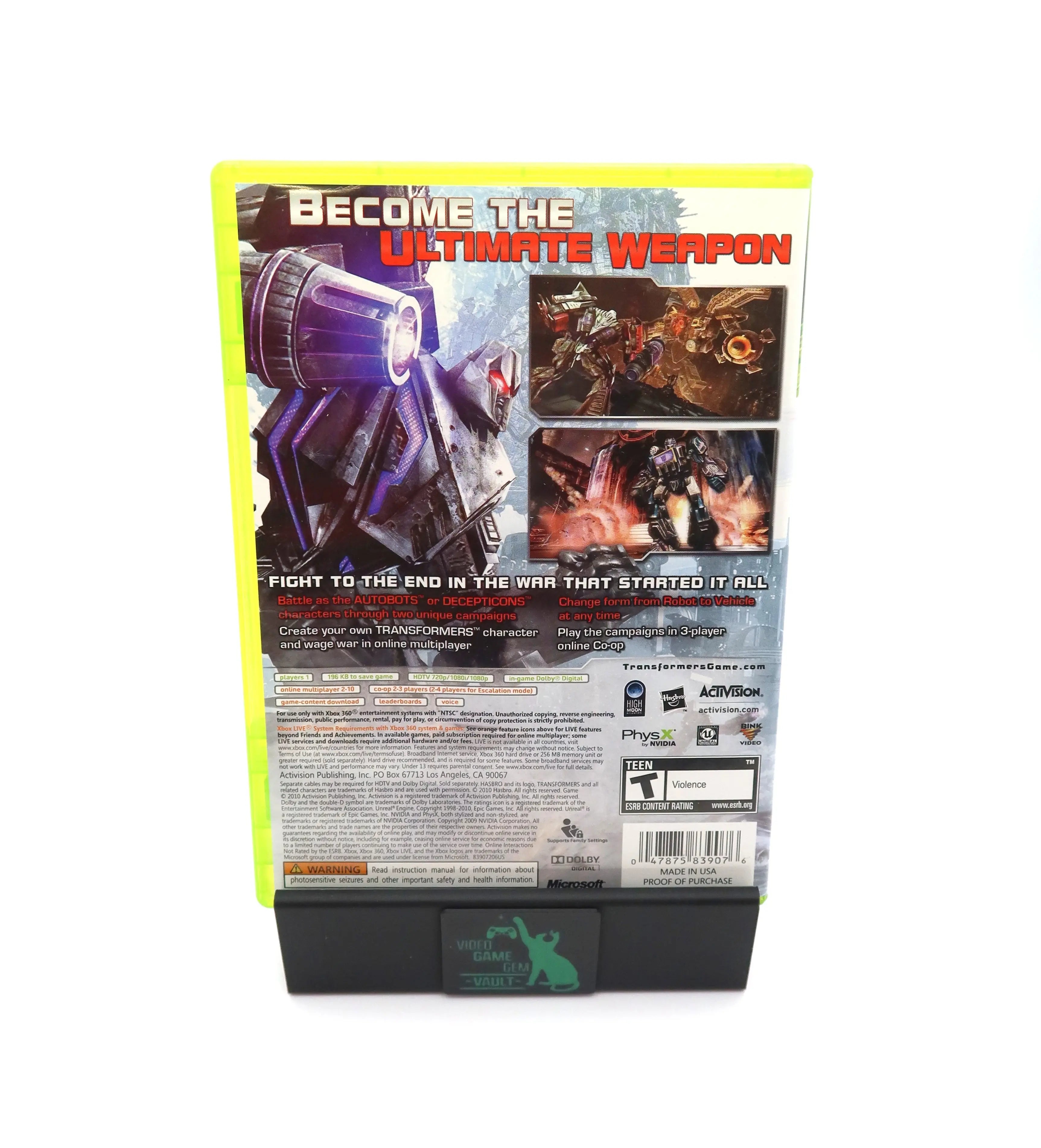 Back cover view of Transformers: War for Cybertron for Microsoft Xbox 360 (2010) NTSC-U, displaying gameplay screenshots, feature descriptions, and rating information.