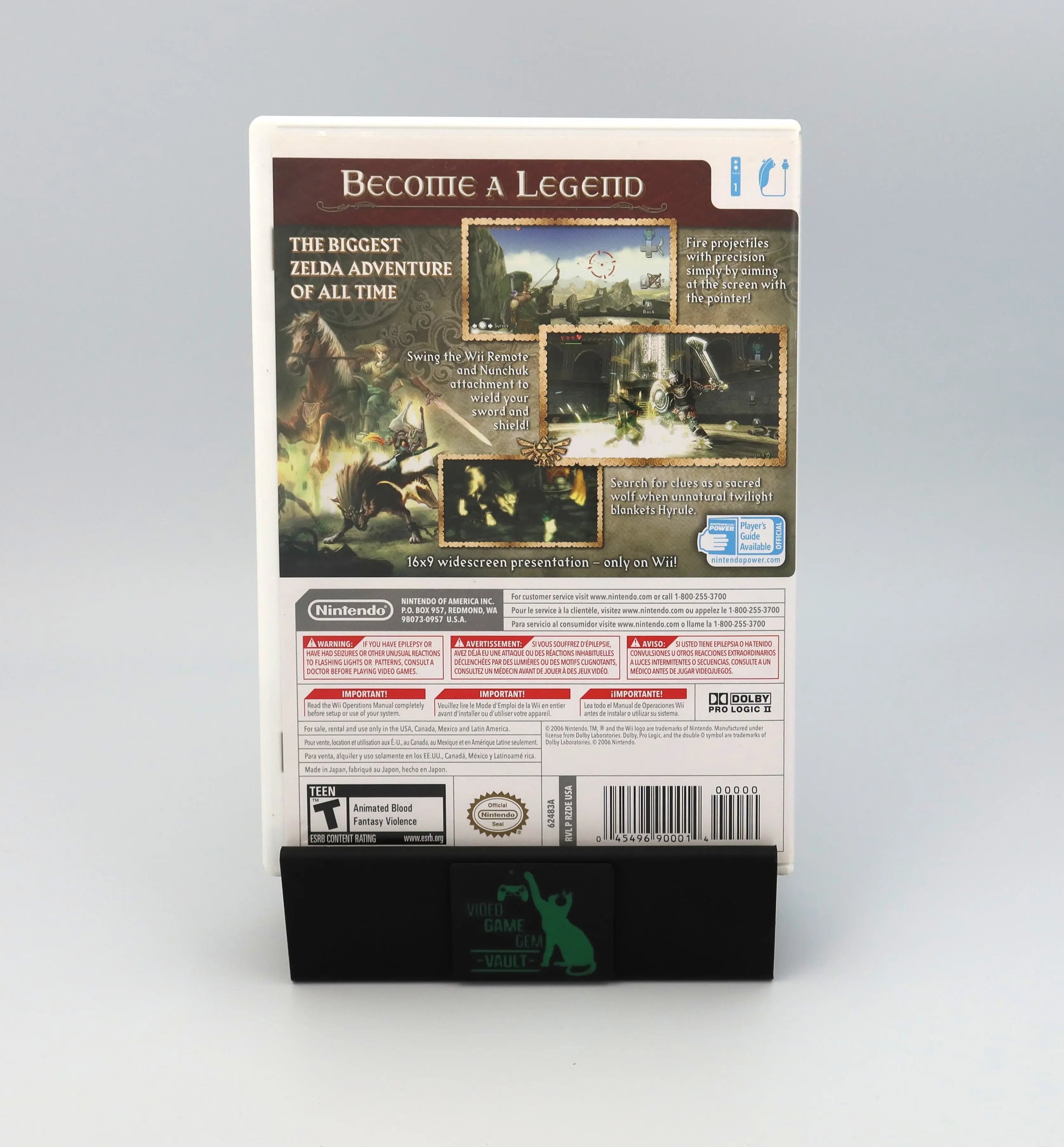 Back artwork cover of a complete in box NTSC-U 2006 copy of The Legend of Zelda Twilight Princess for Nintendo Wii. Showcasing intact clean and authentic artwork on a clean white background with UPC 00000 first print and text highlighted.